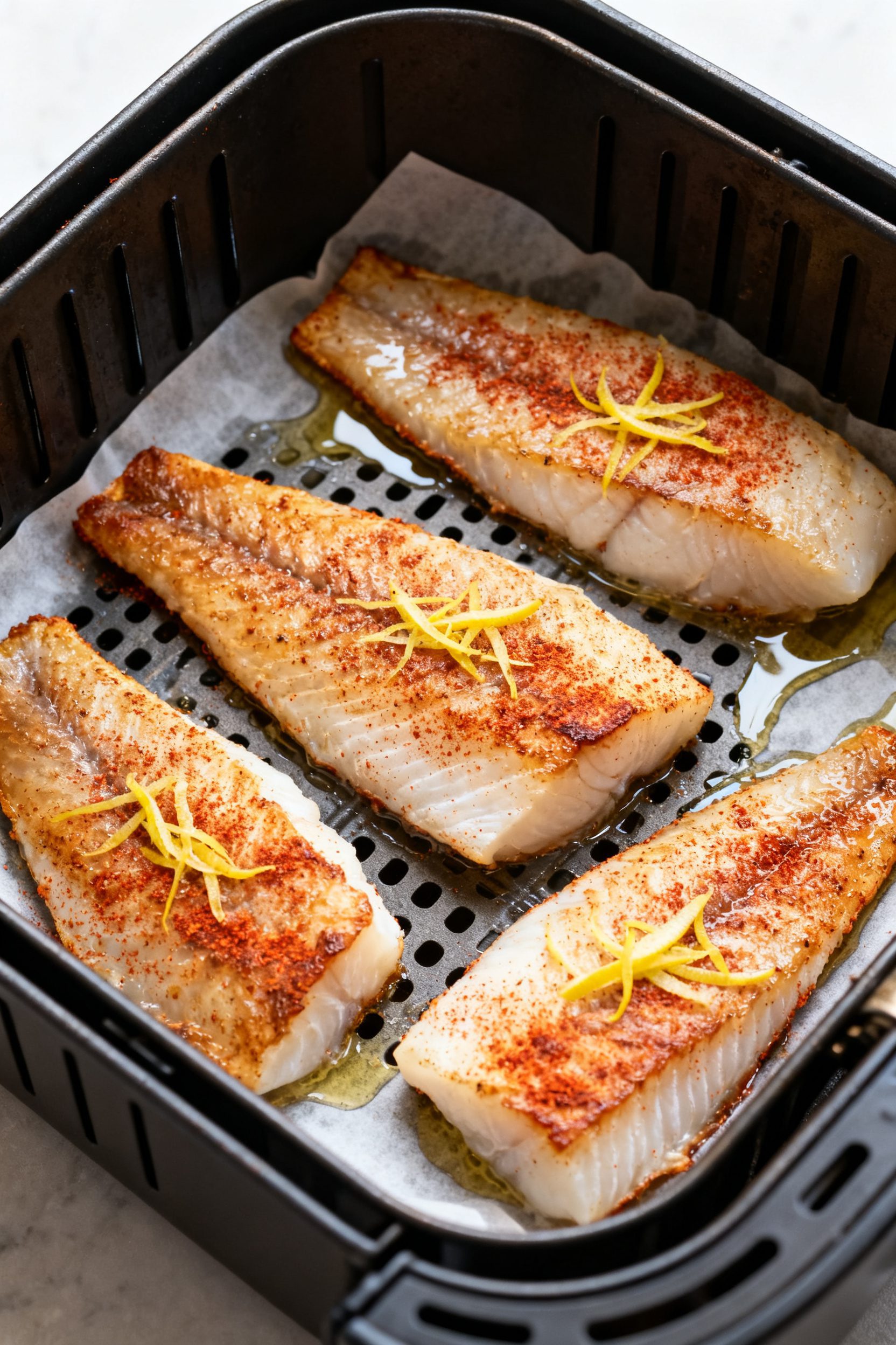 Tasty top view: Overhead shot of four air fryer baked cod fillets arranged in a single layer in the 