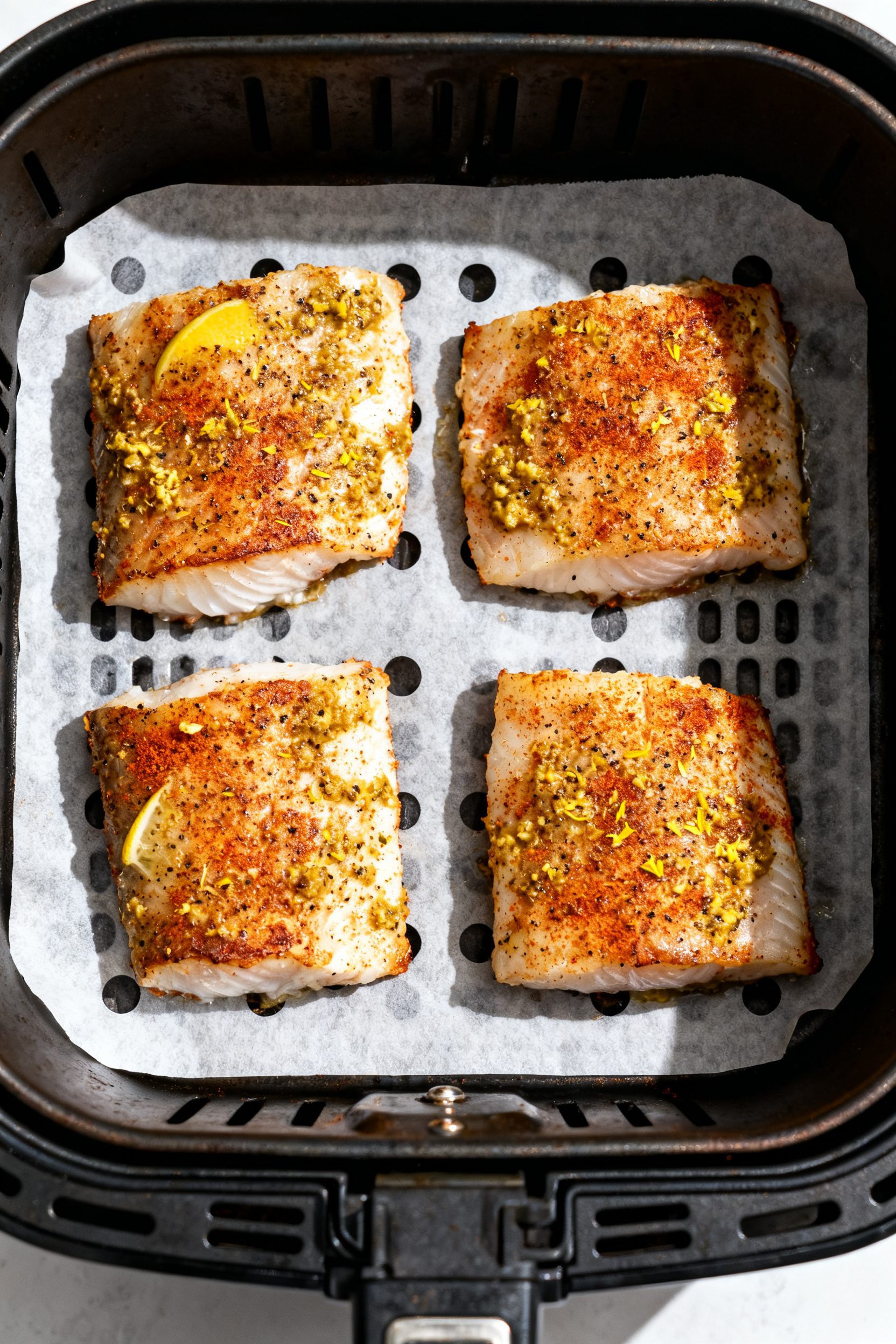 Tasty top view: Overhead shot of four cod fillets in the air fryer basket arranged in a single, non-
