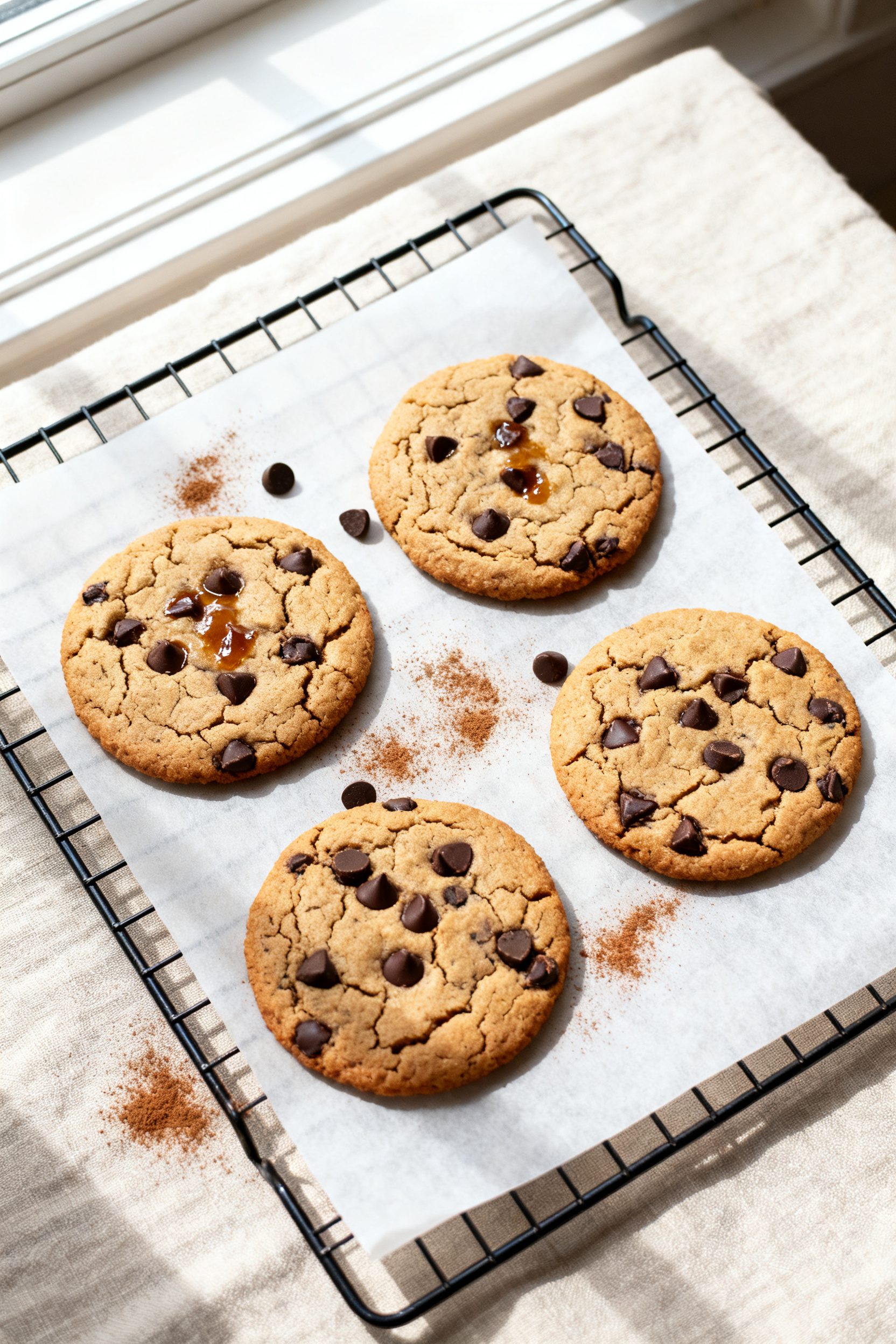 Tasty top view: Overhead shot of four evenly sized 1/2-inch-thick cookies on a parchment-lined cooli