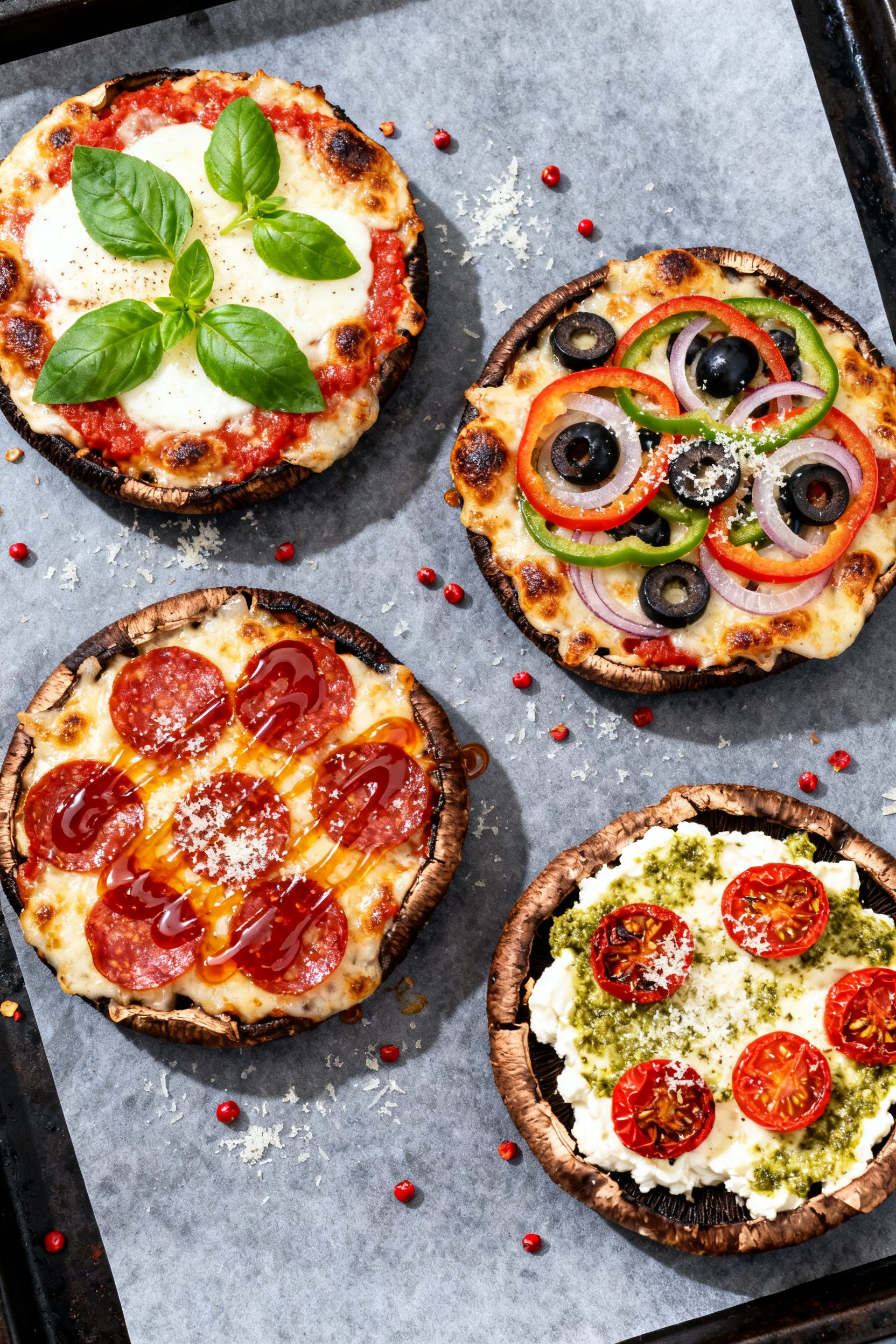 Tasty top view: Overhead shot of four finished Air Fryer Portobello Mushroom Pizzas on a parchment-l