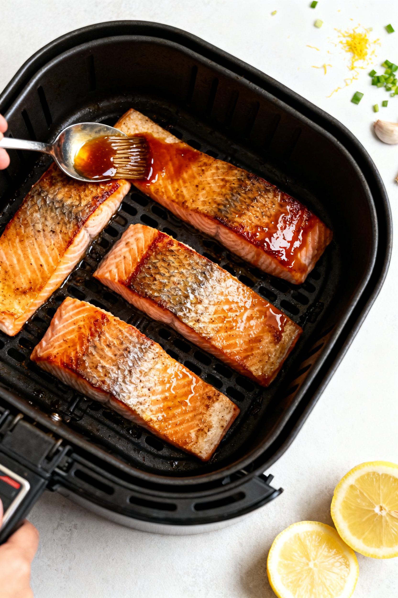 Tasty top view: Overhead shot of four salmon fillets in the air fryer mid-cook at 390°F, skin-side 