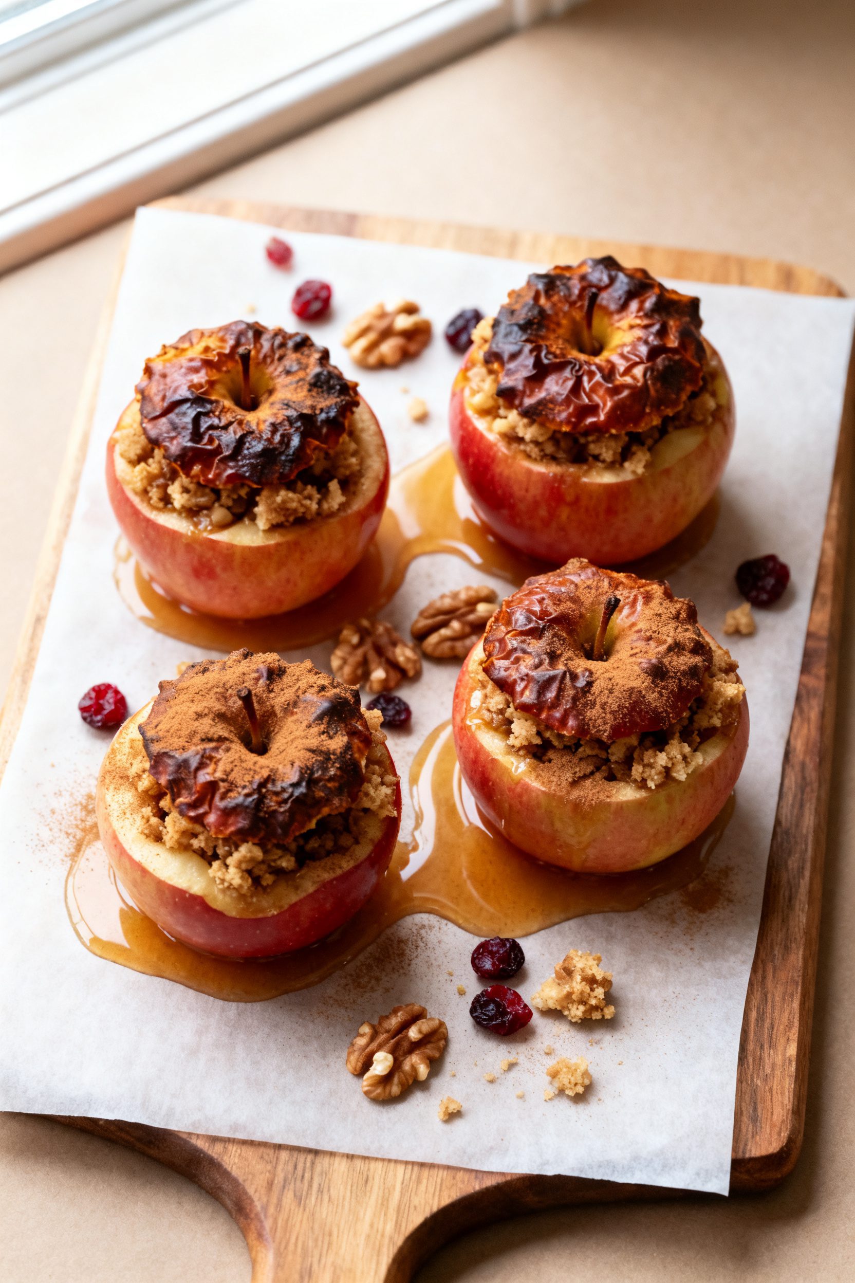 Tasty top view: Overhead shot of four stuffed baked apples resting on a parchment-lined wooden board