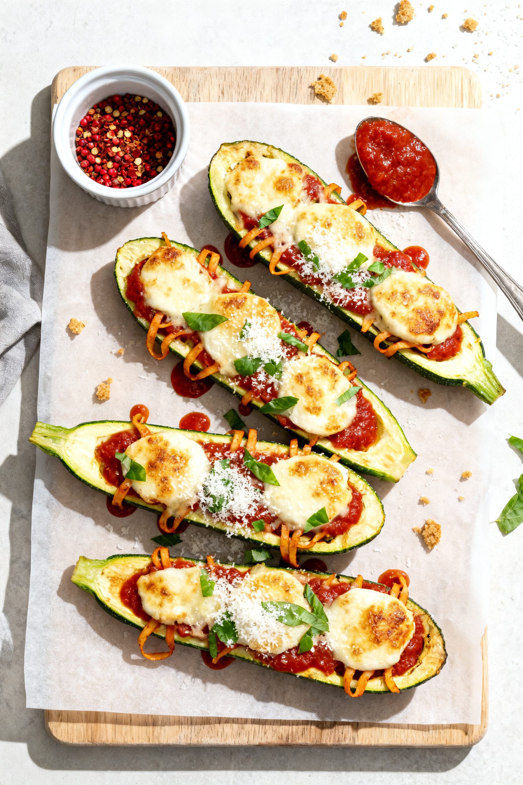 Tasty top view: Overhead shot of four stuffed zucchini boats on a parchment-lined board, mozzarella 