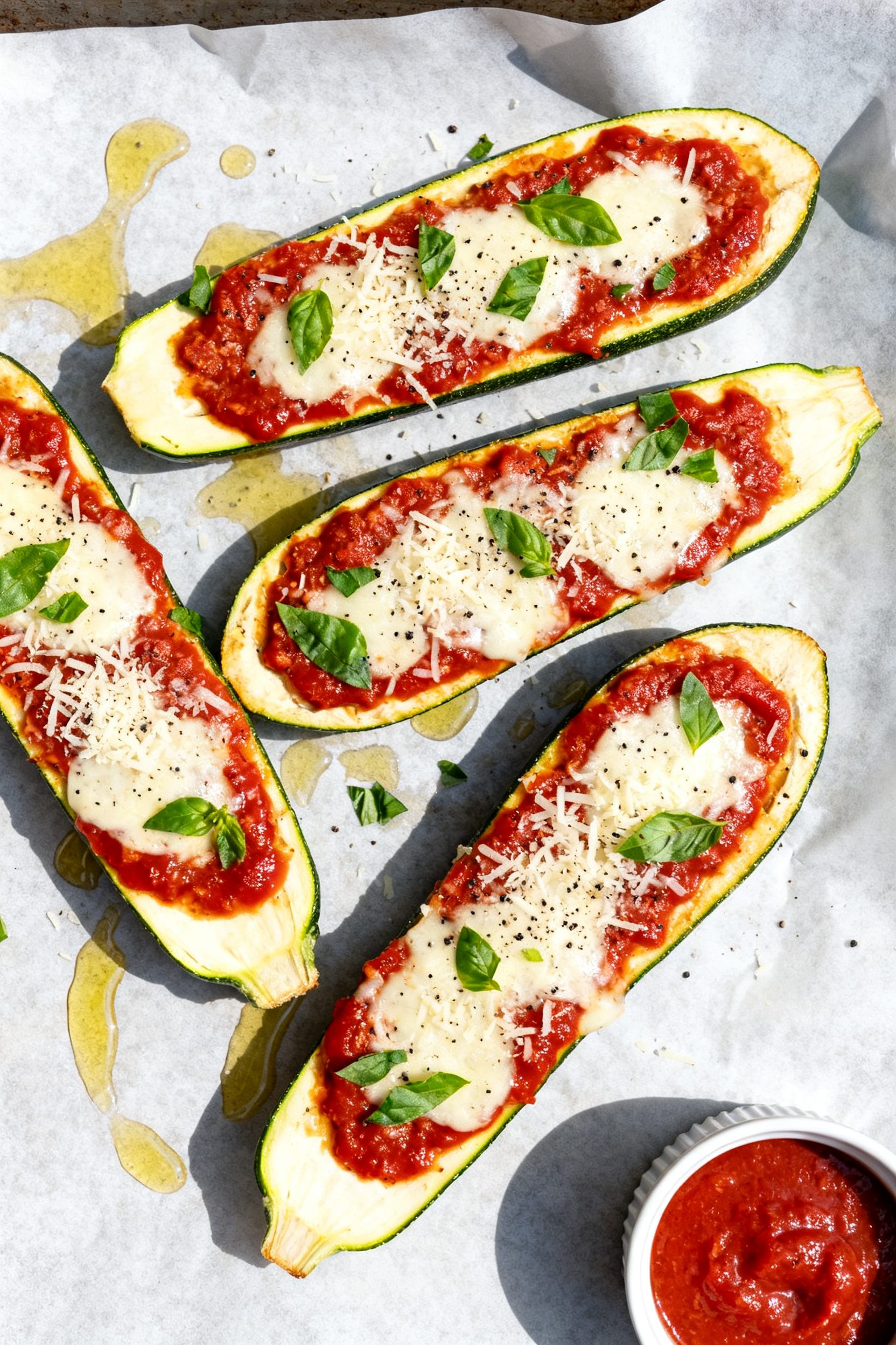 Tasty top view: Overhead shot of four zucchini pizza boats arranged on a parchment-lined sheet, vibr