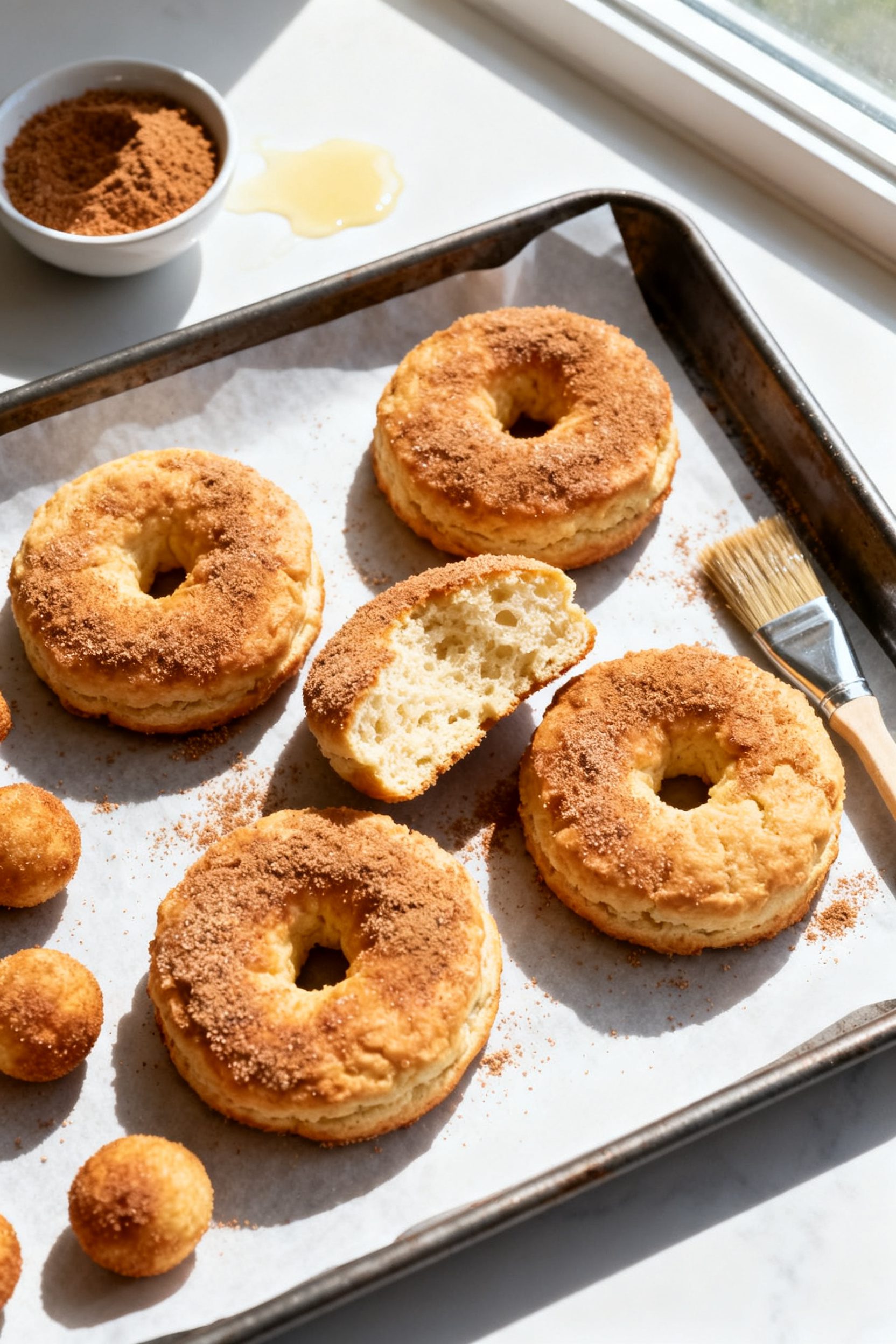 Tasty top view: Overhead shot of freshly cooked biscuit donuts tossed in cinnamon sugar—five full 
