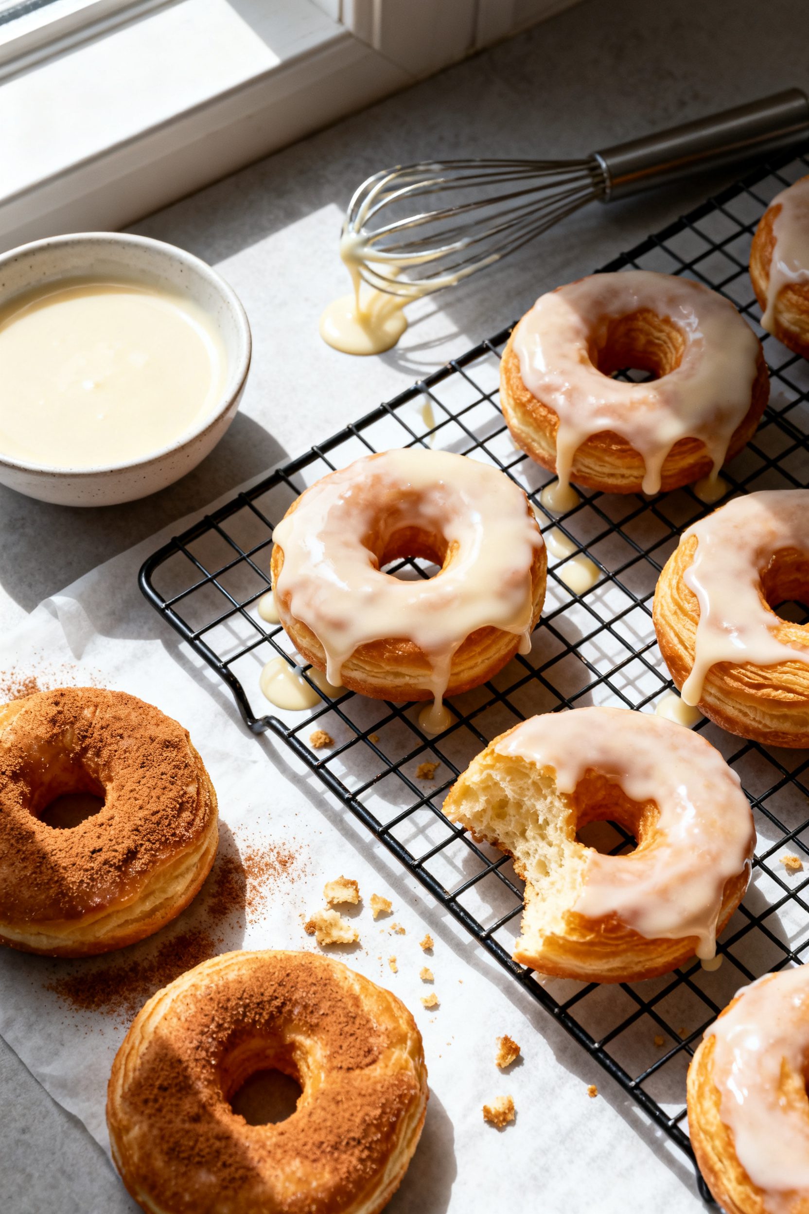 Tasty top view: Overhead shot of freshly glazed puff pastry donuts and holes on a wire rack set over