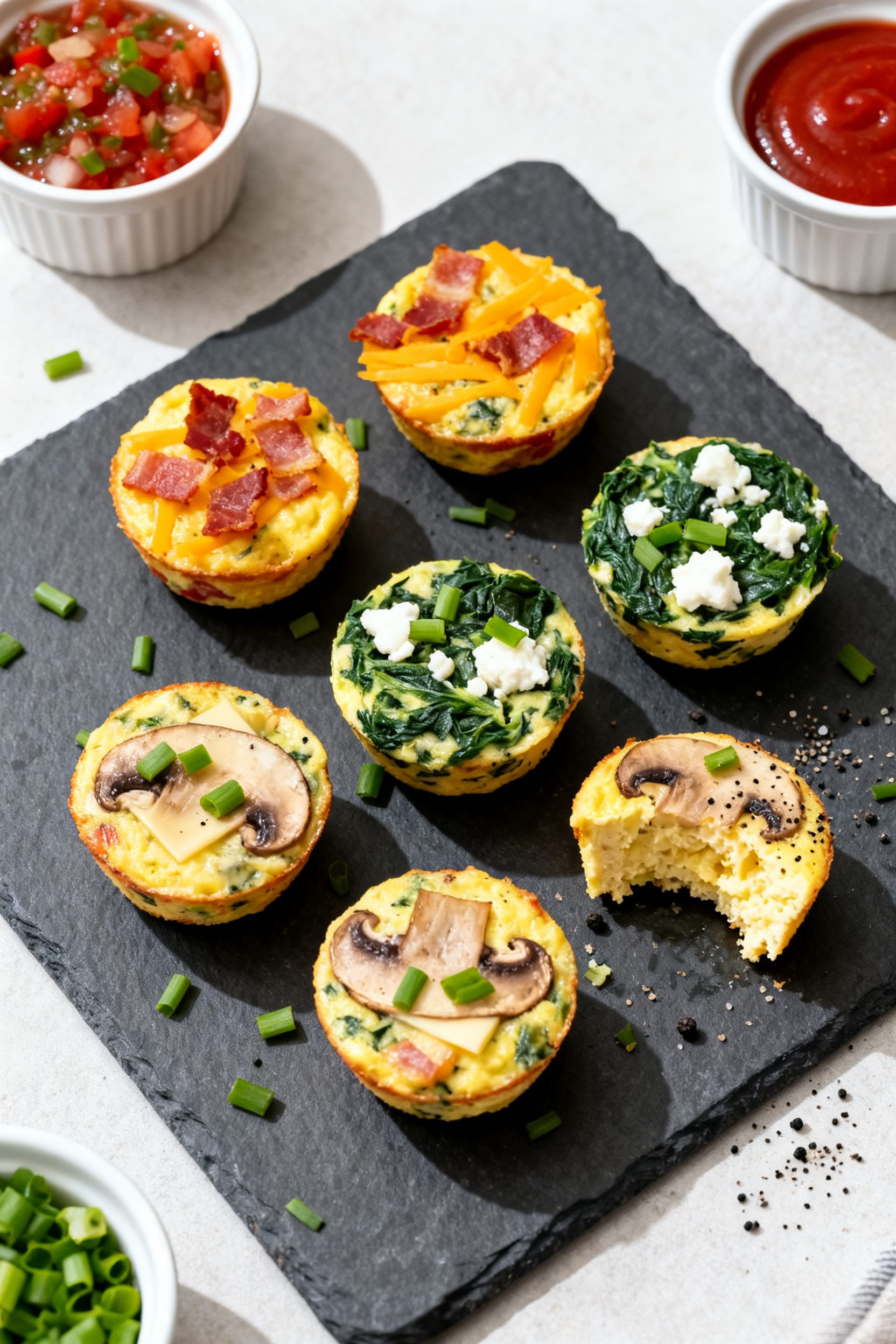 Tasty top view: Overhead shot of freshly unmolded air fryer egg bites on a matte slate board—two c