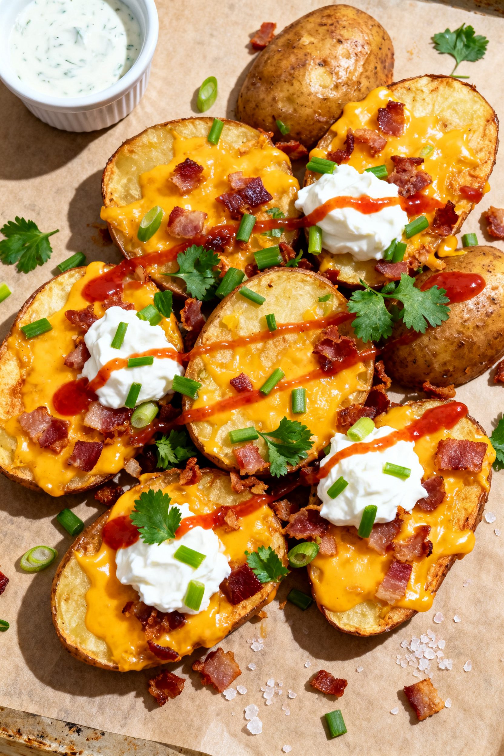 Tasty top view: Overhead shot of loaded air-fried potatoes on a parchment-lined sheet or platter, ch