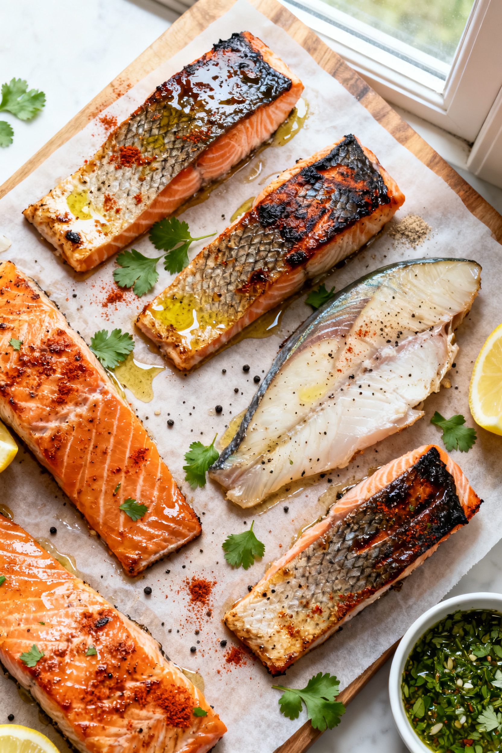 Tasty top view: Overhead shot of mixed fillets (salmon with skin-on and mahi-mahi) cooked to 145°F,