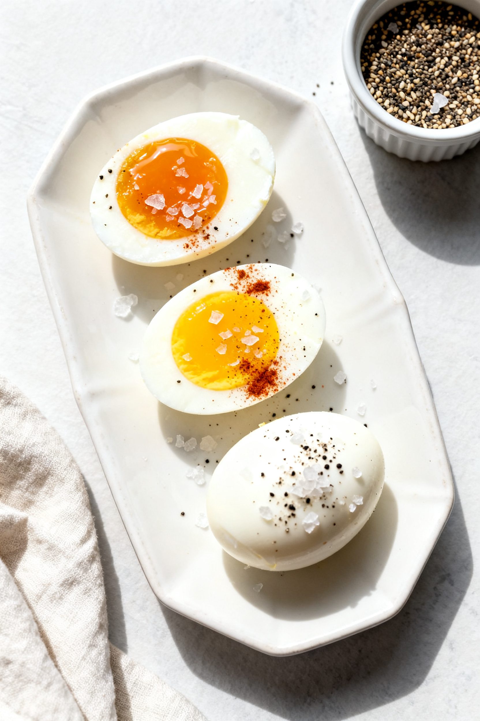 Tasty top view: Overhead shot of perfectly peeled air-fried eggs at three doneness levels—jammy (1