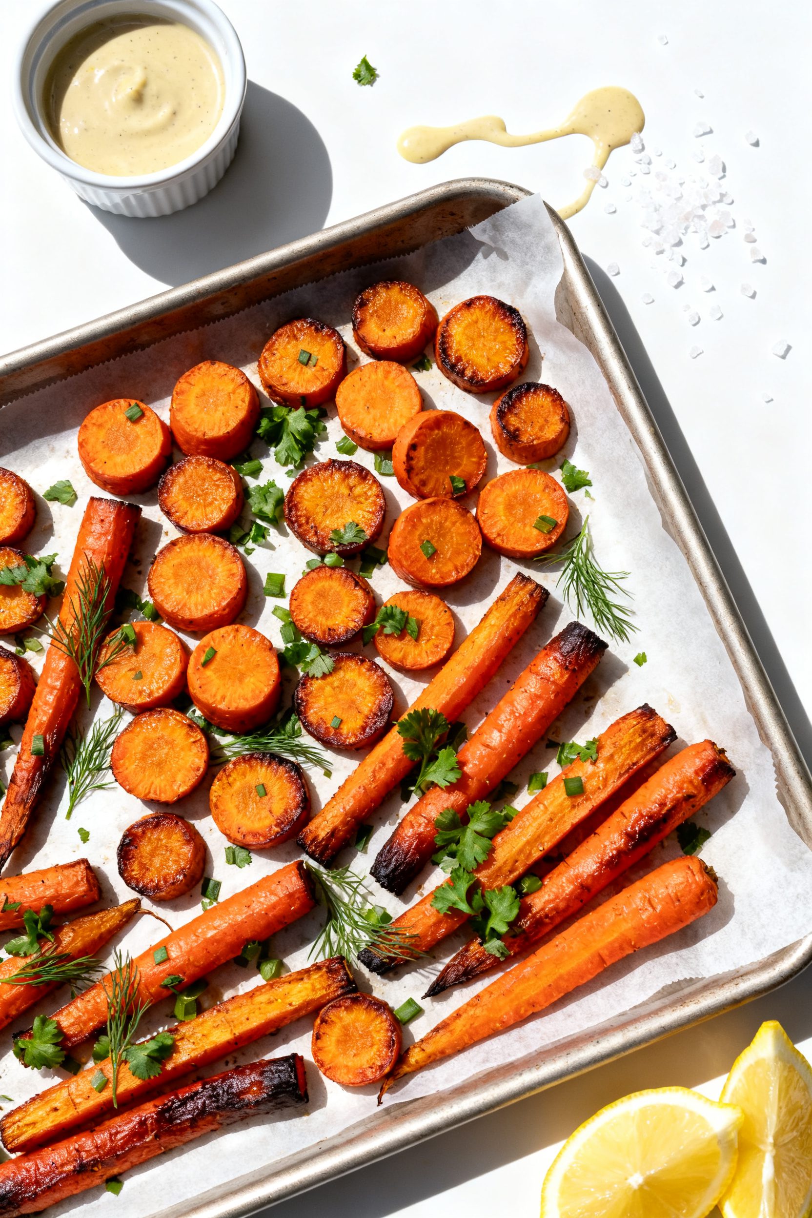 Tasty top view: Overhead shot of perfectly roasted carrots cut into uniform 1/2-inch coins and baton