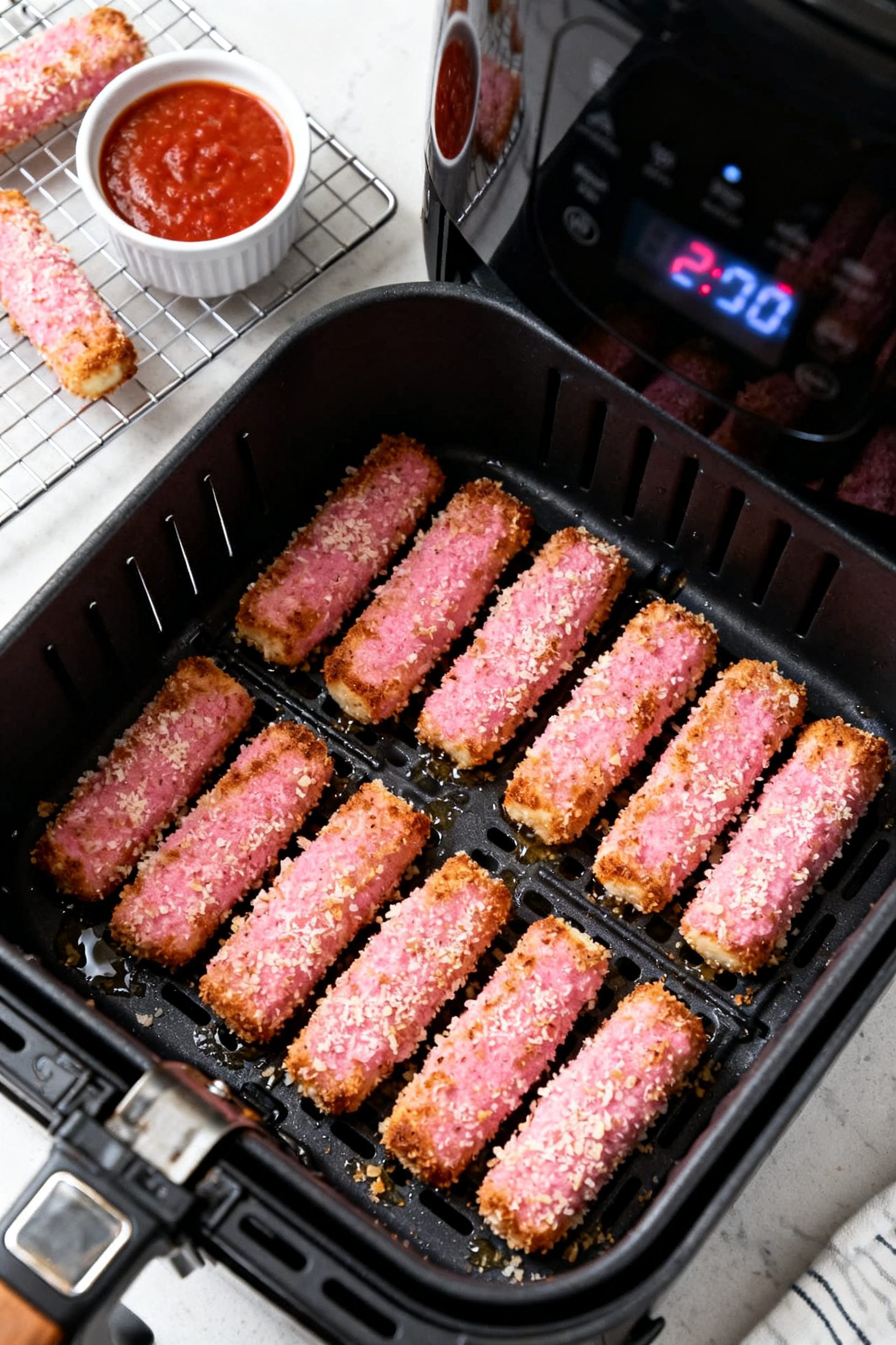 Tasty top view: Overhead shot of pink mozzarella sticks arranged in a single layer with space betwee