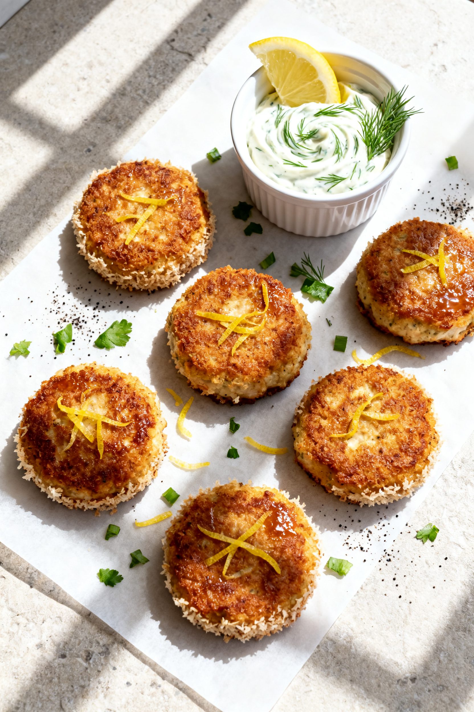 Tasty top view: Overhead shot of six air fryer fish cakes arranged on a parchment-lined sheet, evenl