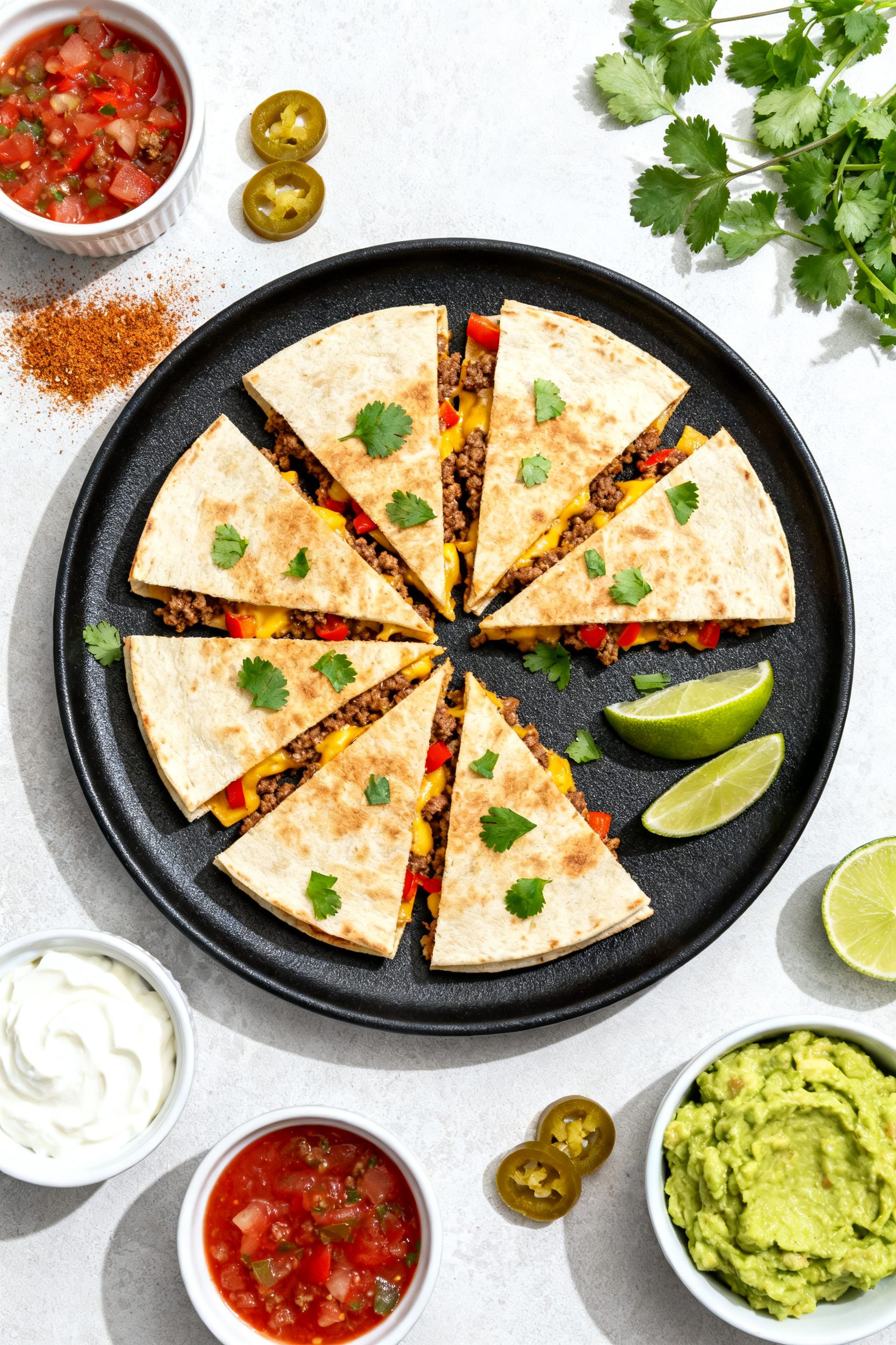 Tasty top view: Overhead shot of sliced air fryer ground beef quesadillas arranged in a fan on a mat