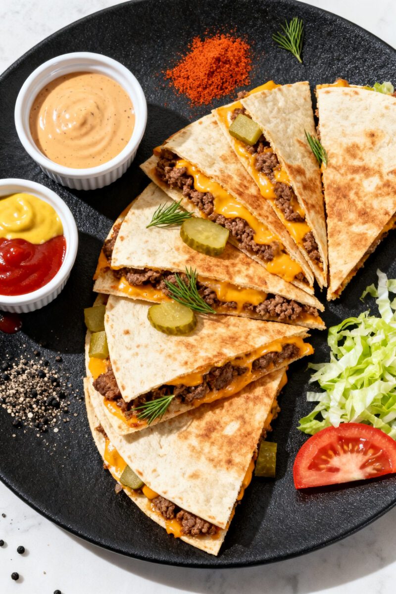 Tasty top view: Overhead shot of sliced cheeseburger quesadilla wedges arranged in a fan on a matte