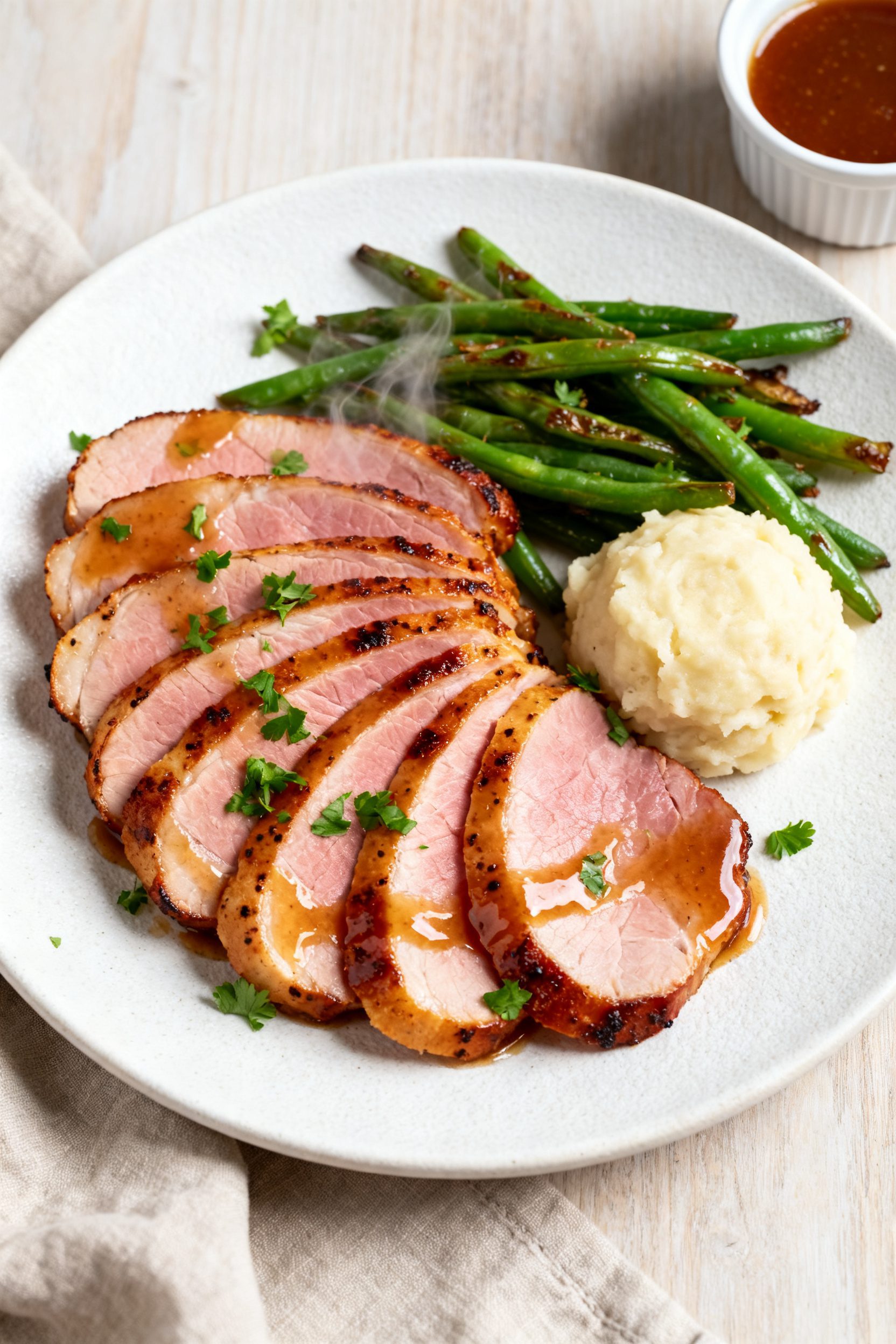 Tasty top view: Overhead shot of sliced ham steak fanned on a matte white plate, finished with a fin