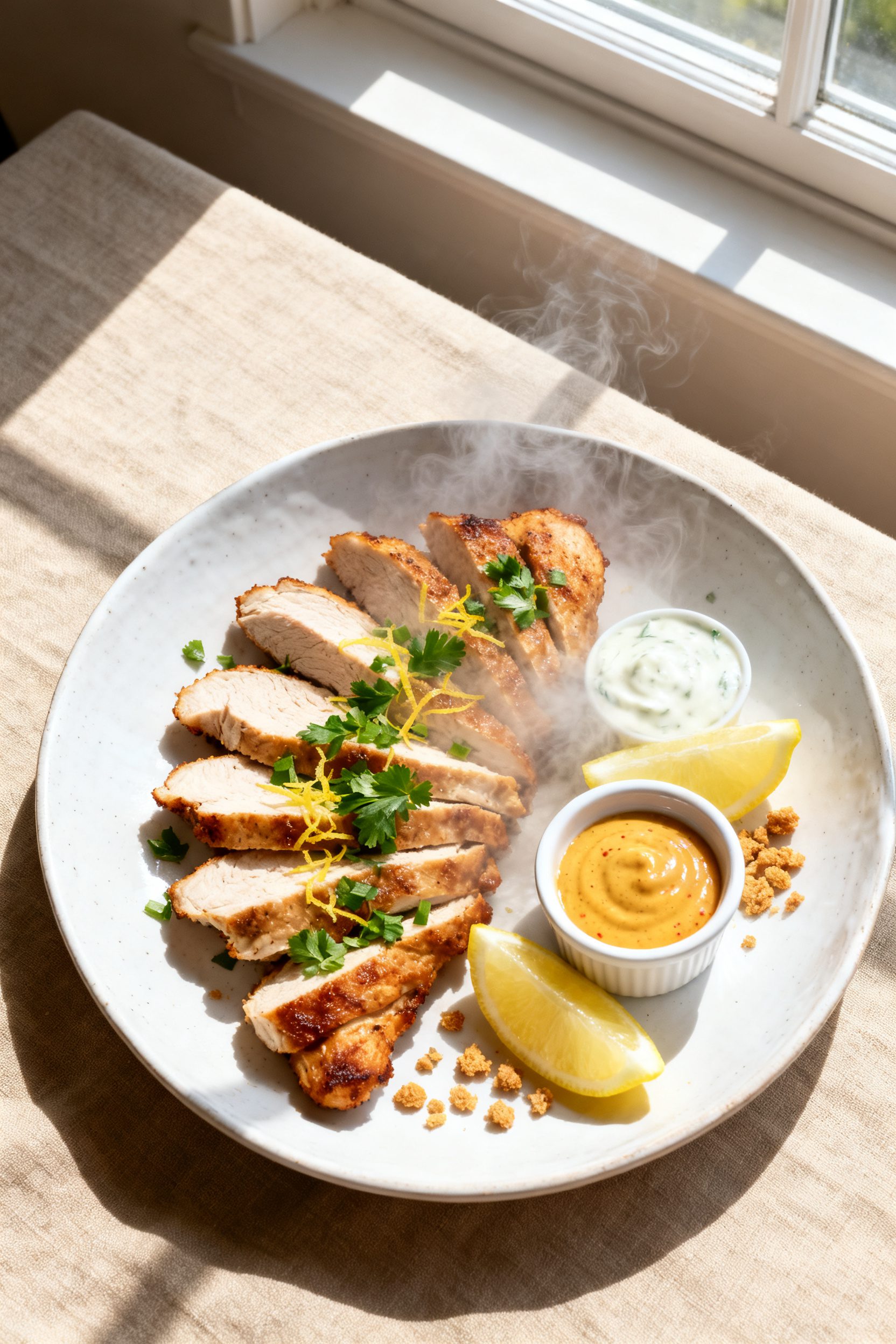 Tasty top view: Overhead shot of sliced pork rind chicken breasts fanned on a white ceramic plate, s