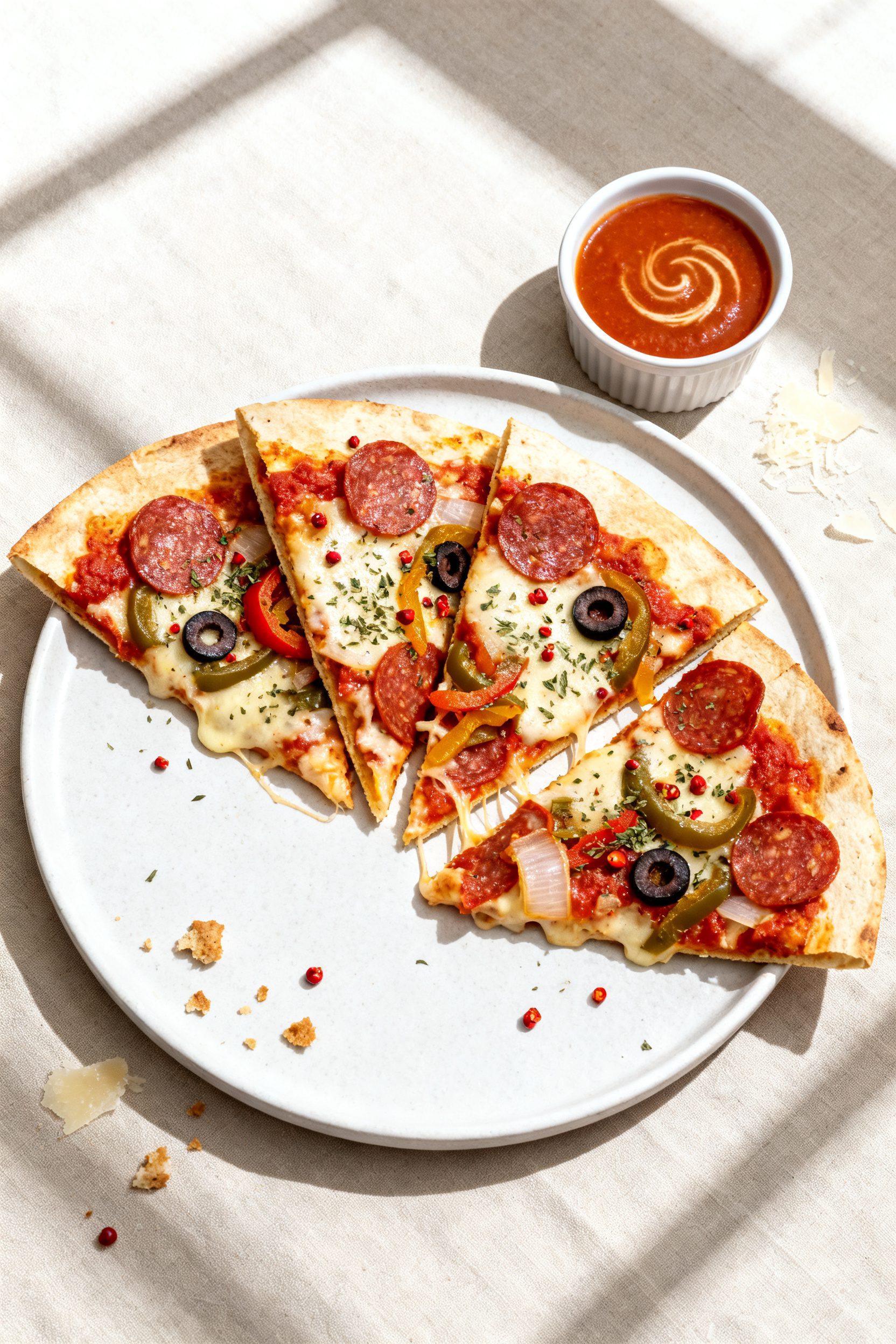 Tasty top view: Overhead shot of sliced supreme pizza quesadilla wedges arranged in a fan on a matte