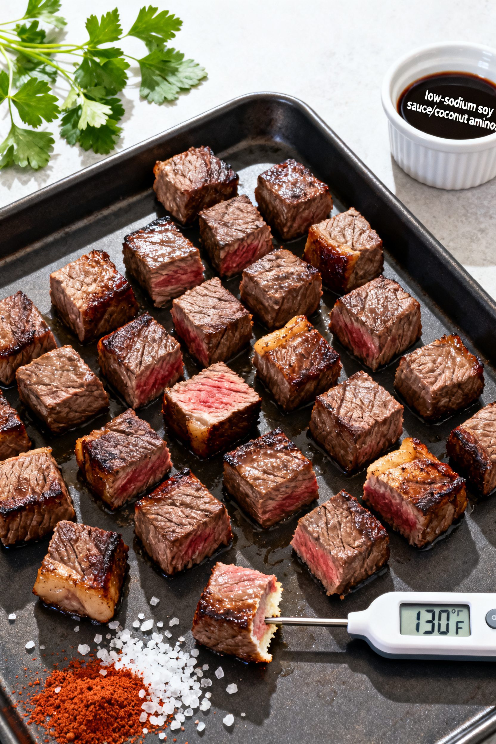 Tasty top view: Overhead shot of steak bites arranged in a single layer on a dark sheet pan for rest