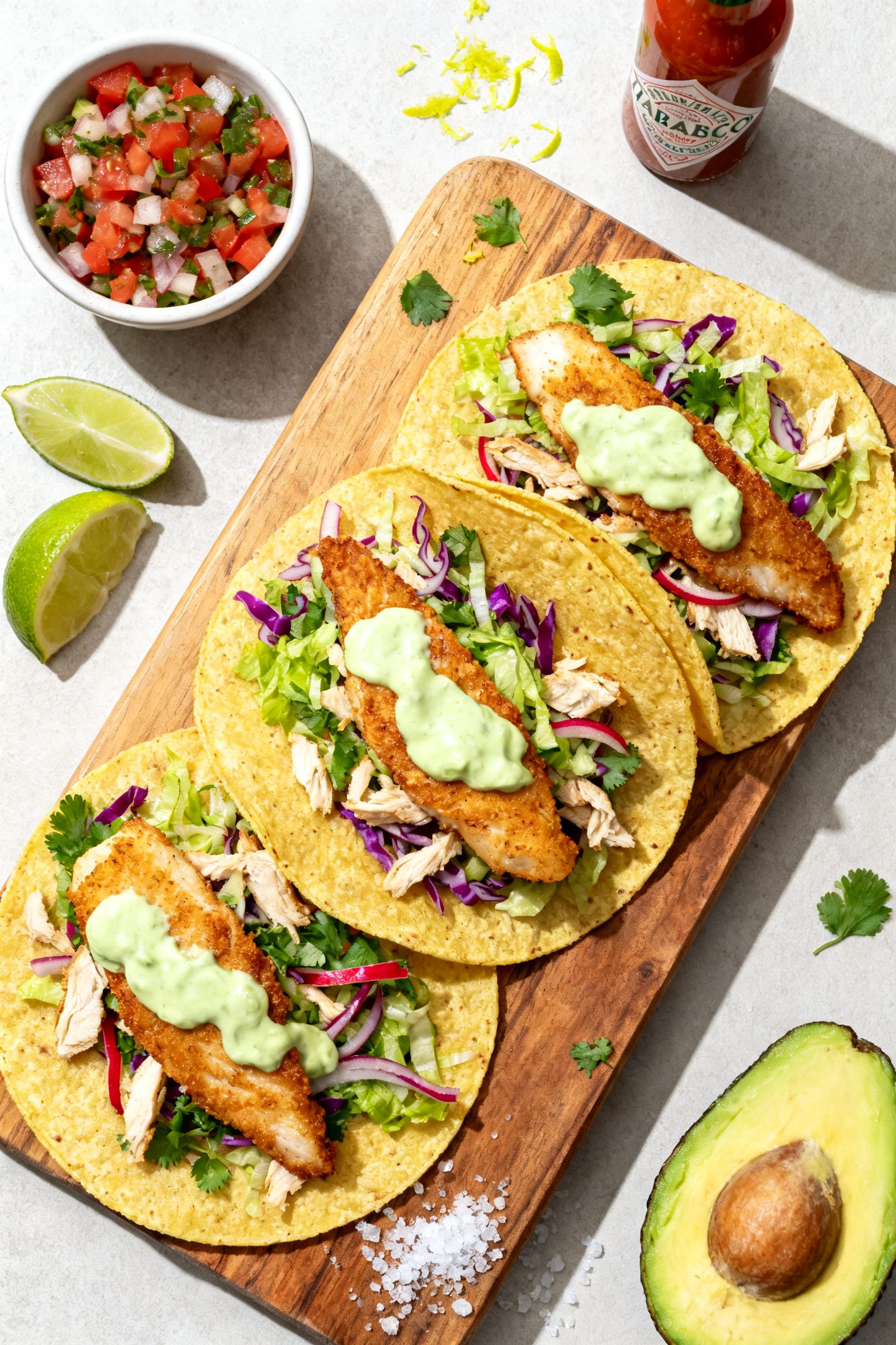 Tasty top view: Overhead shot of taco assembly on a wooden board—warm corn tortillas laid out with