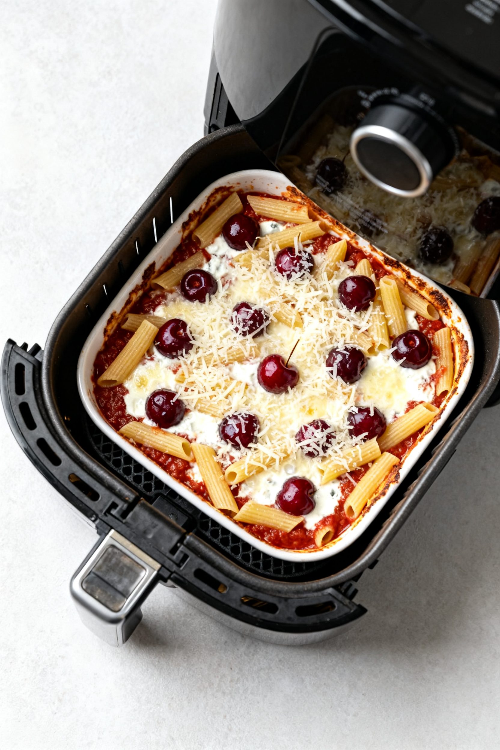 Tasty top view: Overhead shot of the assembled bake mid-cook in an air fryer–safe square pan, show