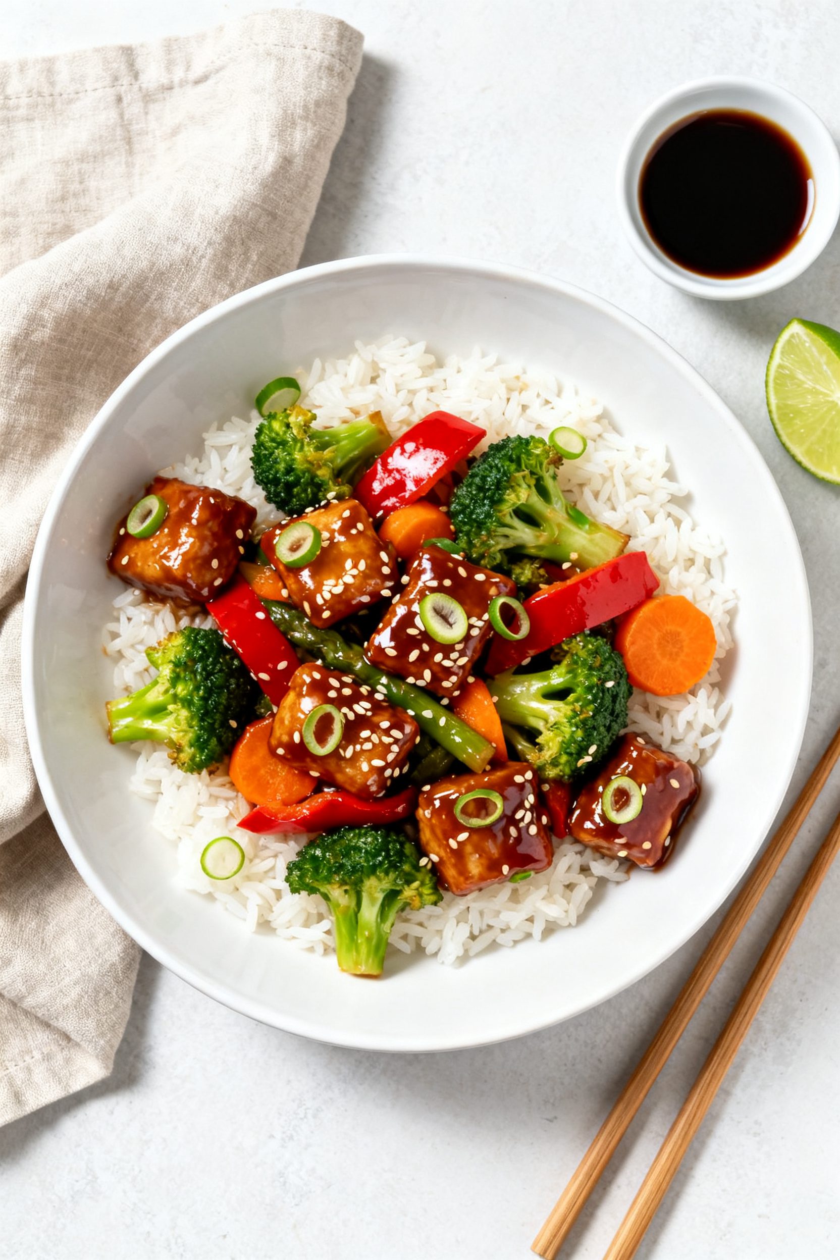 Tasty top view: Overhead shot of the final Air Fryer Stir Fry Veggies plated in a wide, shallow whit