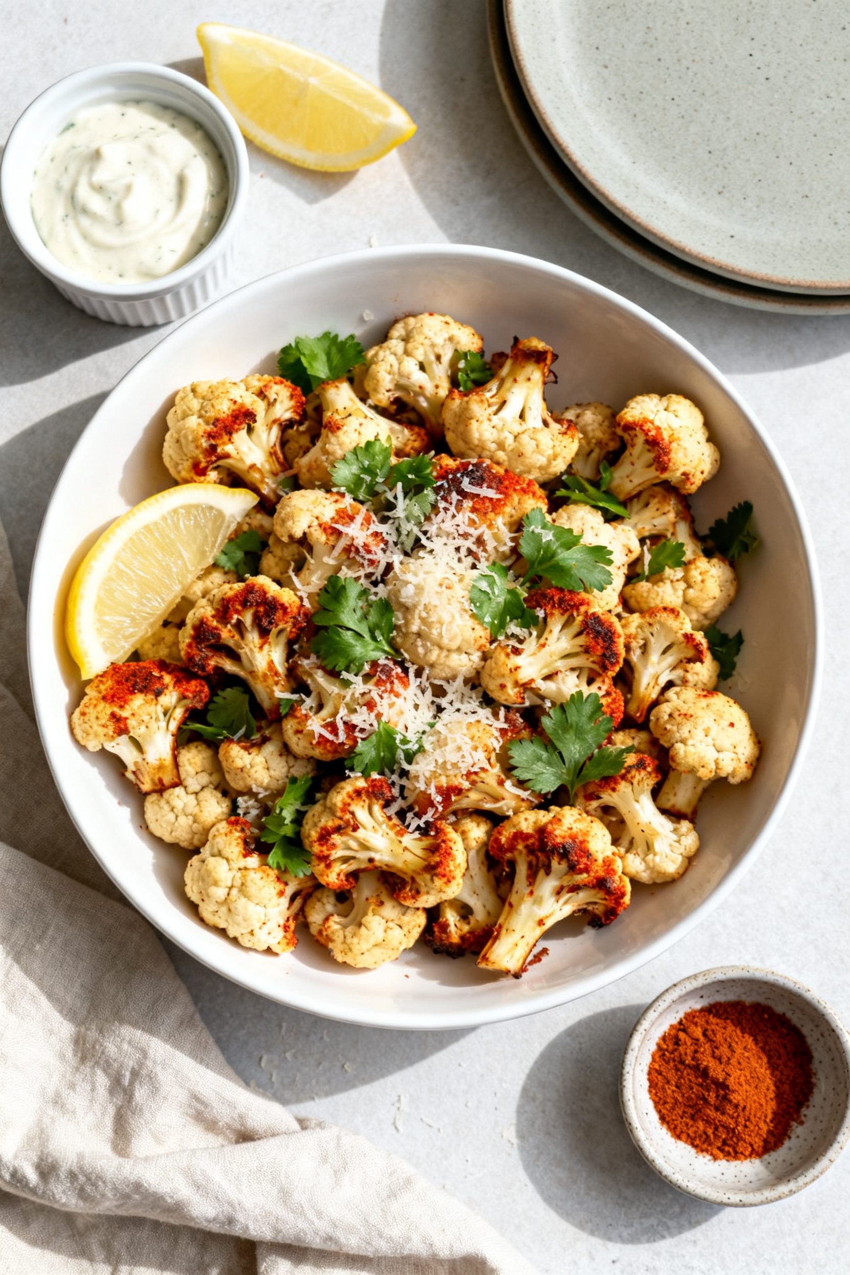 Tasty top view: Overhead shot of the final Keto Air Fryer Cauliflower served in a wide, shallow whit