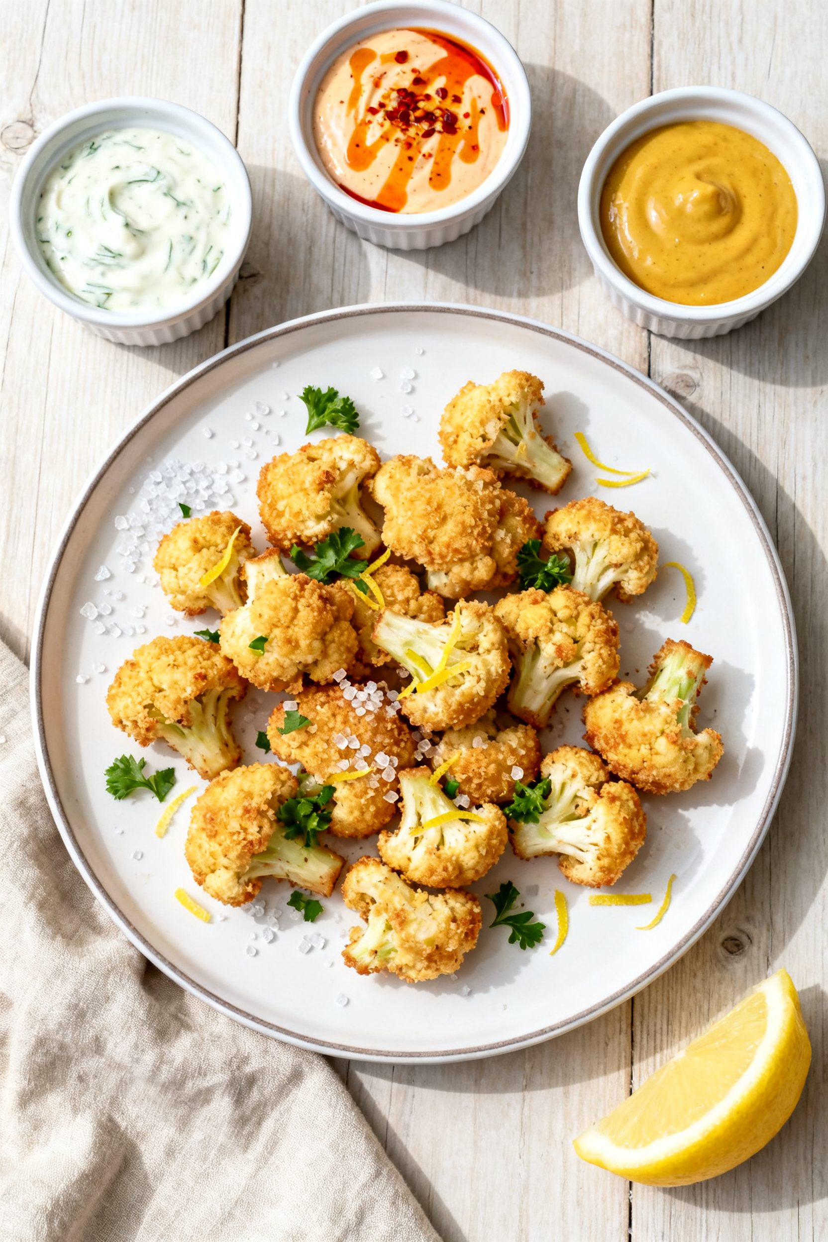 Tasty top view: Overhead shot of the final platter of popcorn cauliflower arranged like “snackable