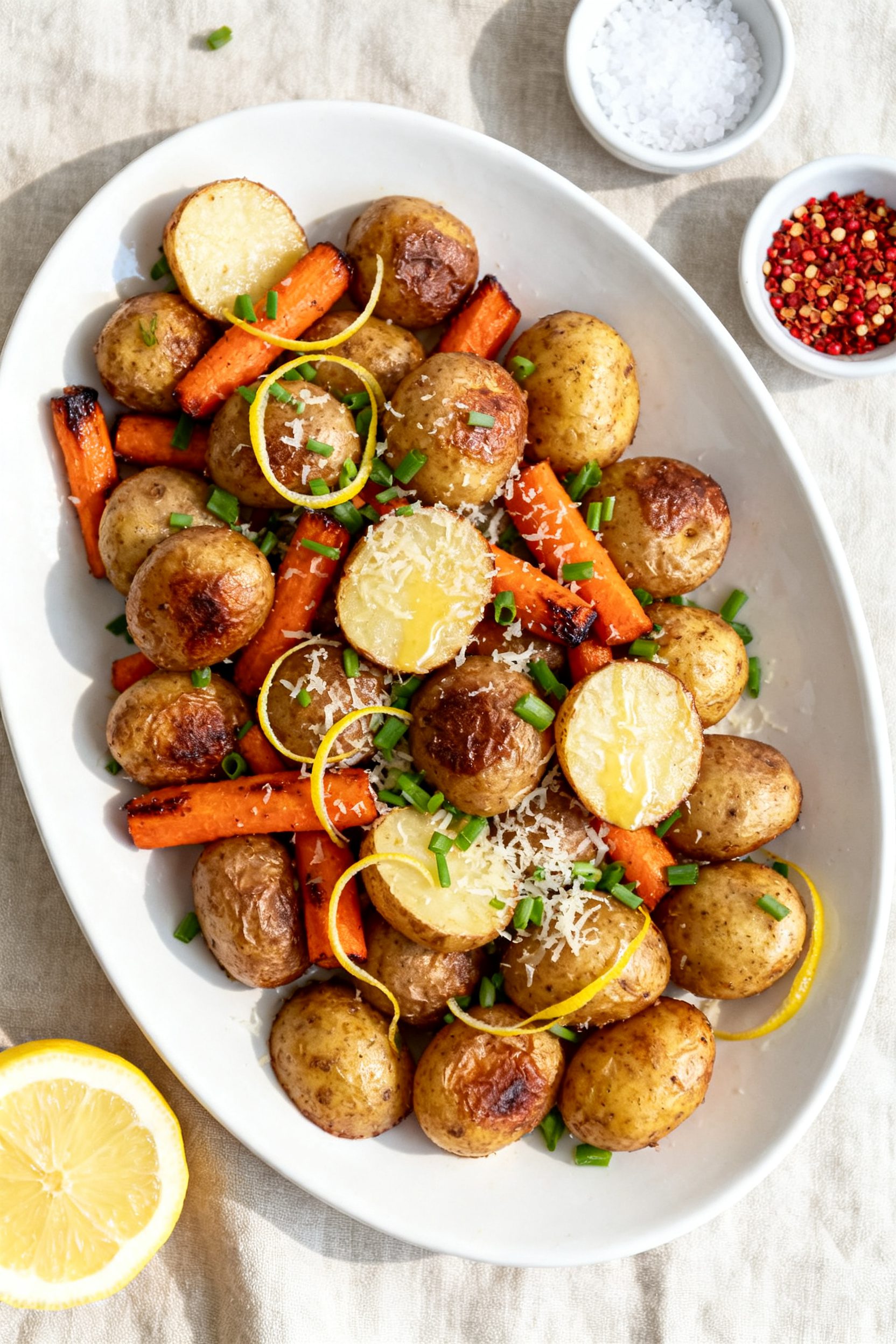 Tasty top view: Overhead shot of the finished Air Fryer Potatoes and Carrots on a wide white ceramic