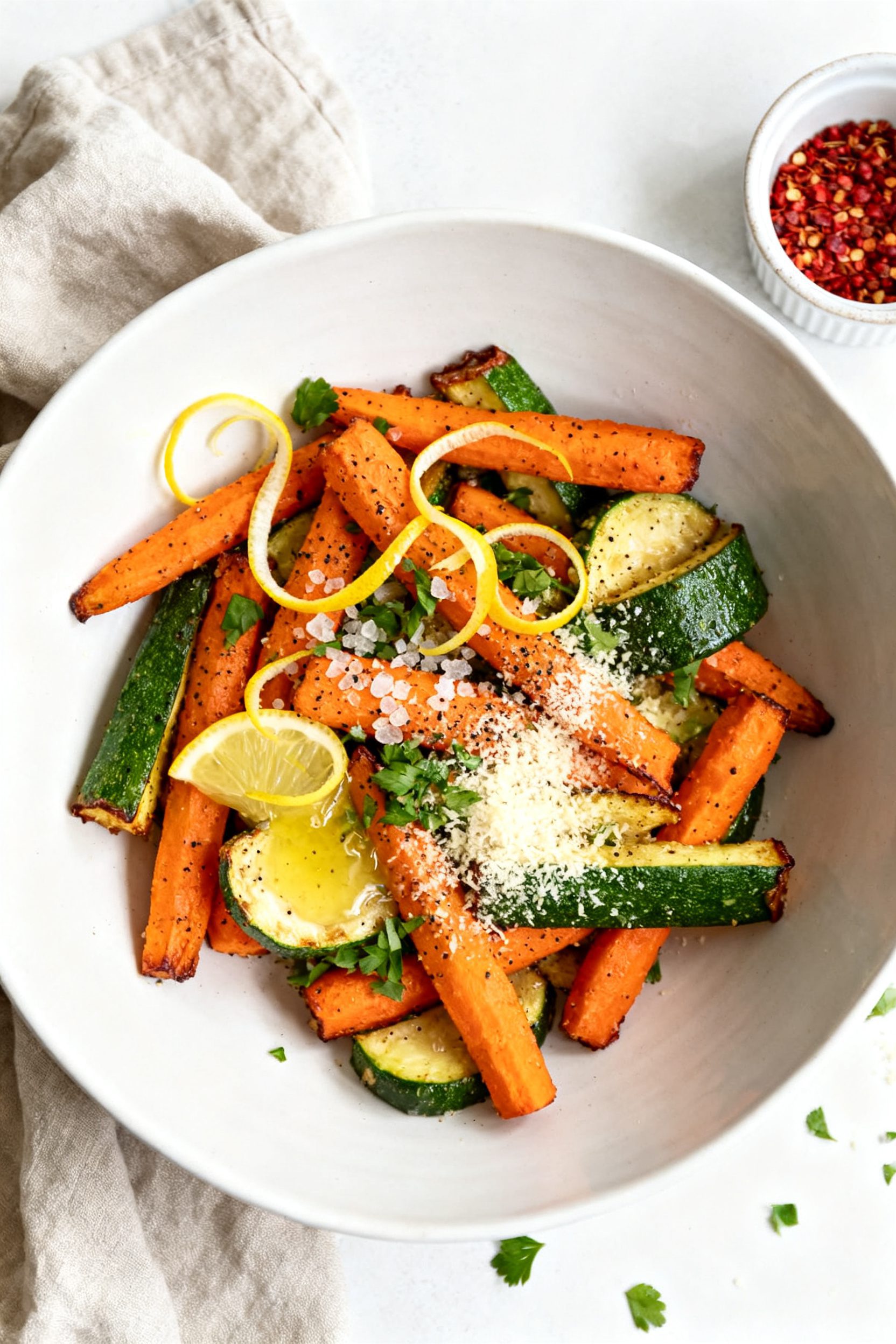 Tasty top view: Overhead shot of the finished Air Fryer Carrots and Zucchini in a wide, shallow whit