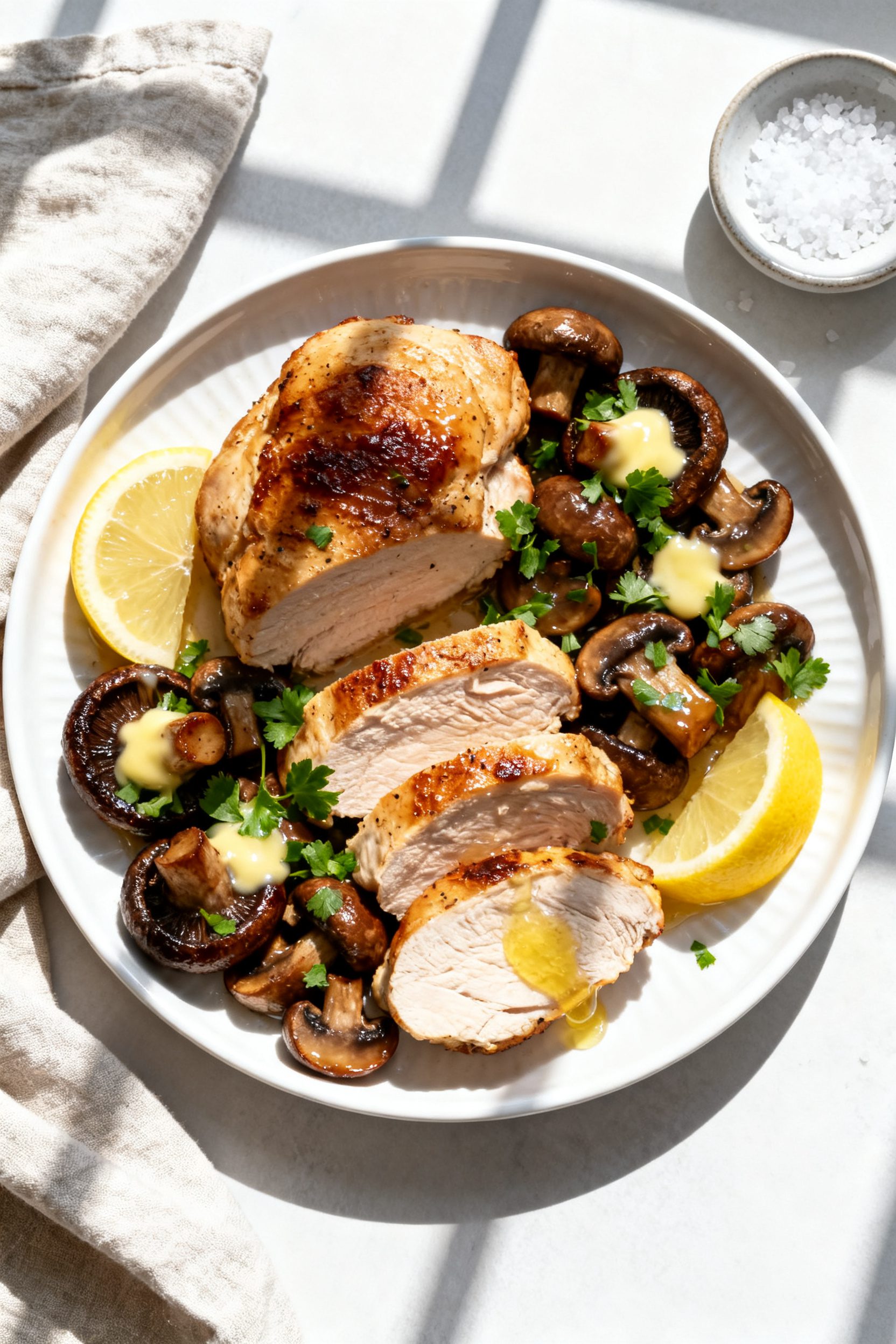 Tasty top view: Overhead shot of the finished Air Fryer Chicken and Mushrooms arranged on a warm whi