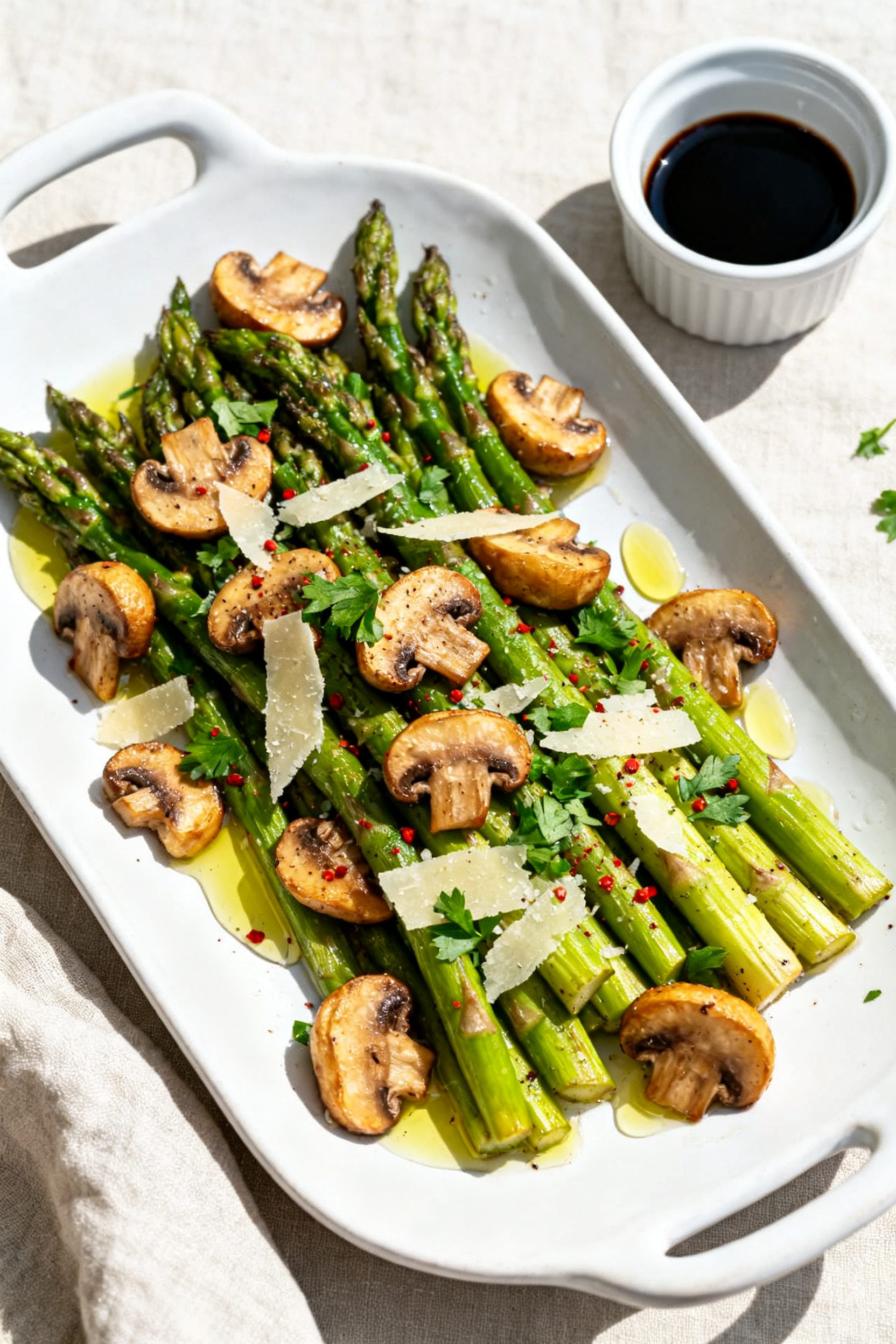 Tasty top view: Overhead shot of the finished Air Fryer Asparagus and Mushrooms piled on a white cer