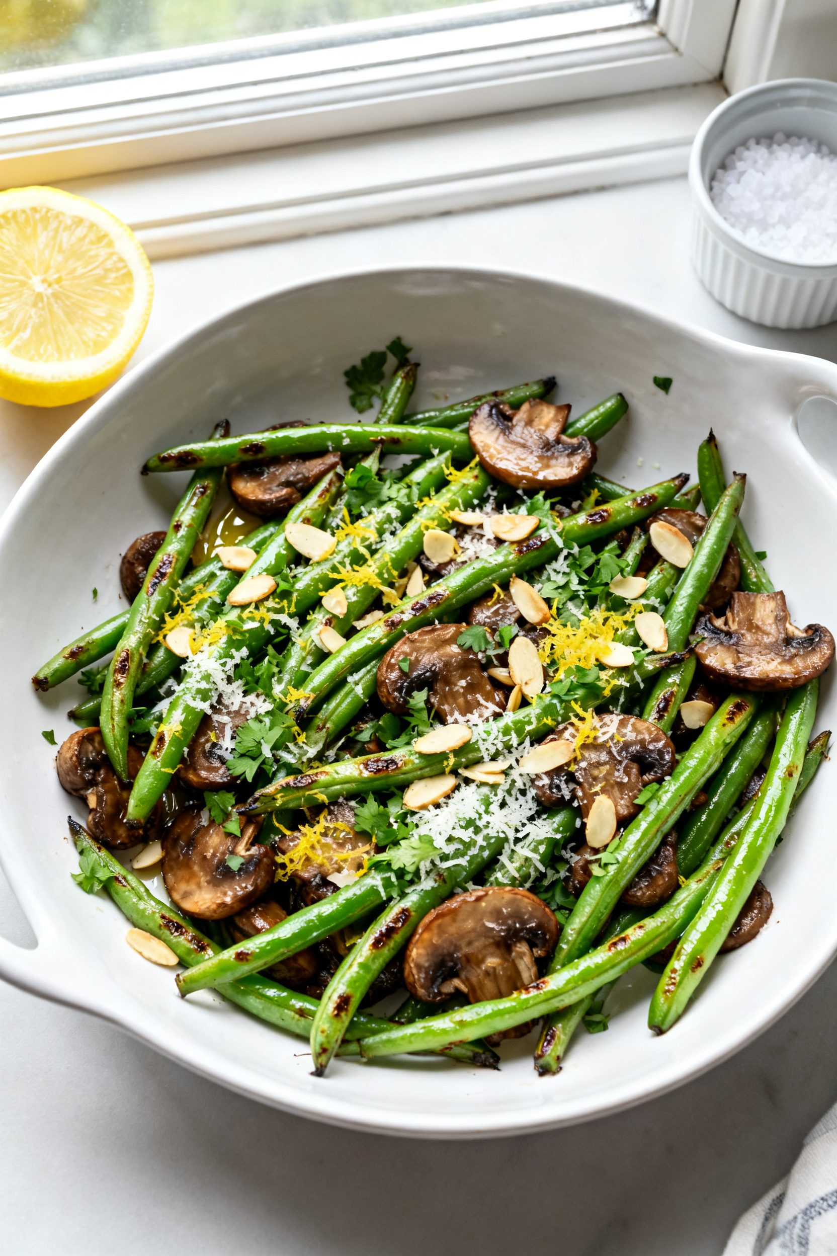 Tasty top view: Overhead shot of the finished Air Fryer Green Beans and Mushrooms in a wide, shallow