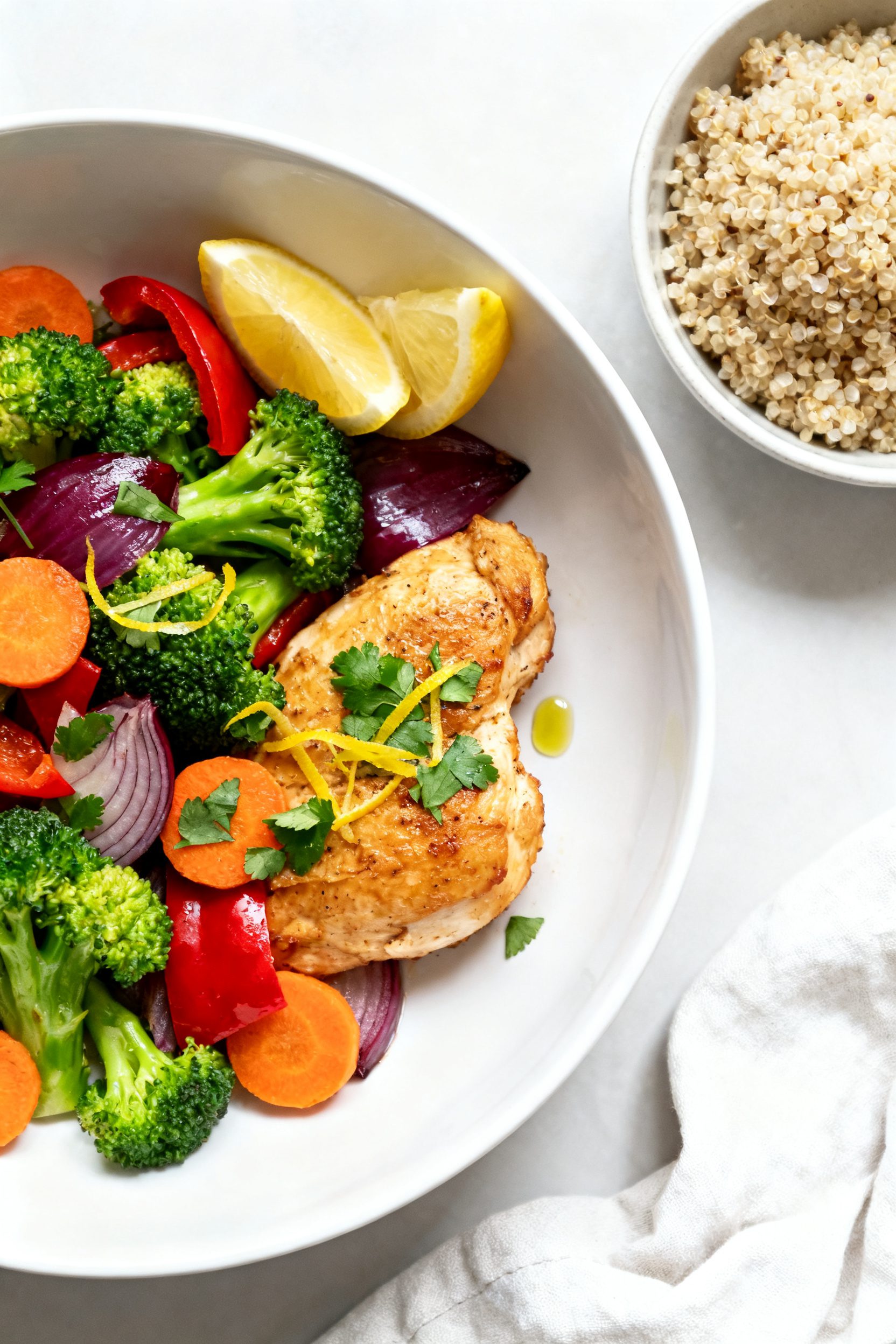 Tasty top view: Overhead shot of the finished Air Fryer Chicken and Vegetables arranged on a wide wh
