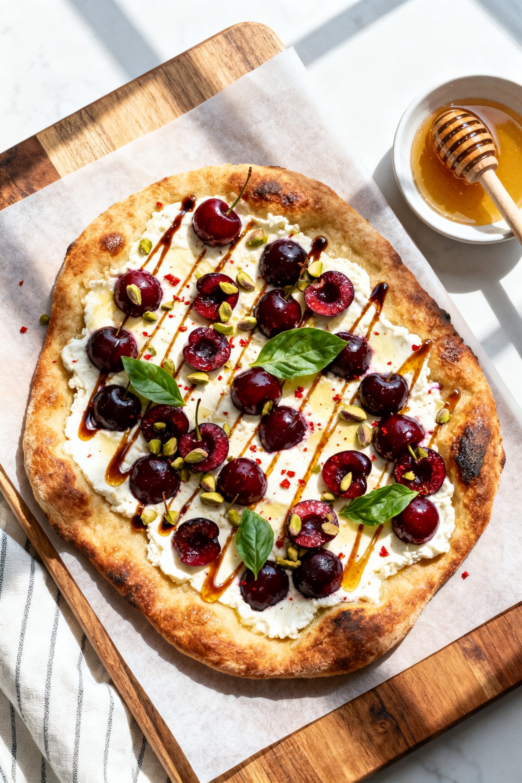 Tasty top view: Overhead shot of the finished Air Fryer Cherry Ricotta Flatbread on a parchment-line