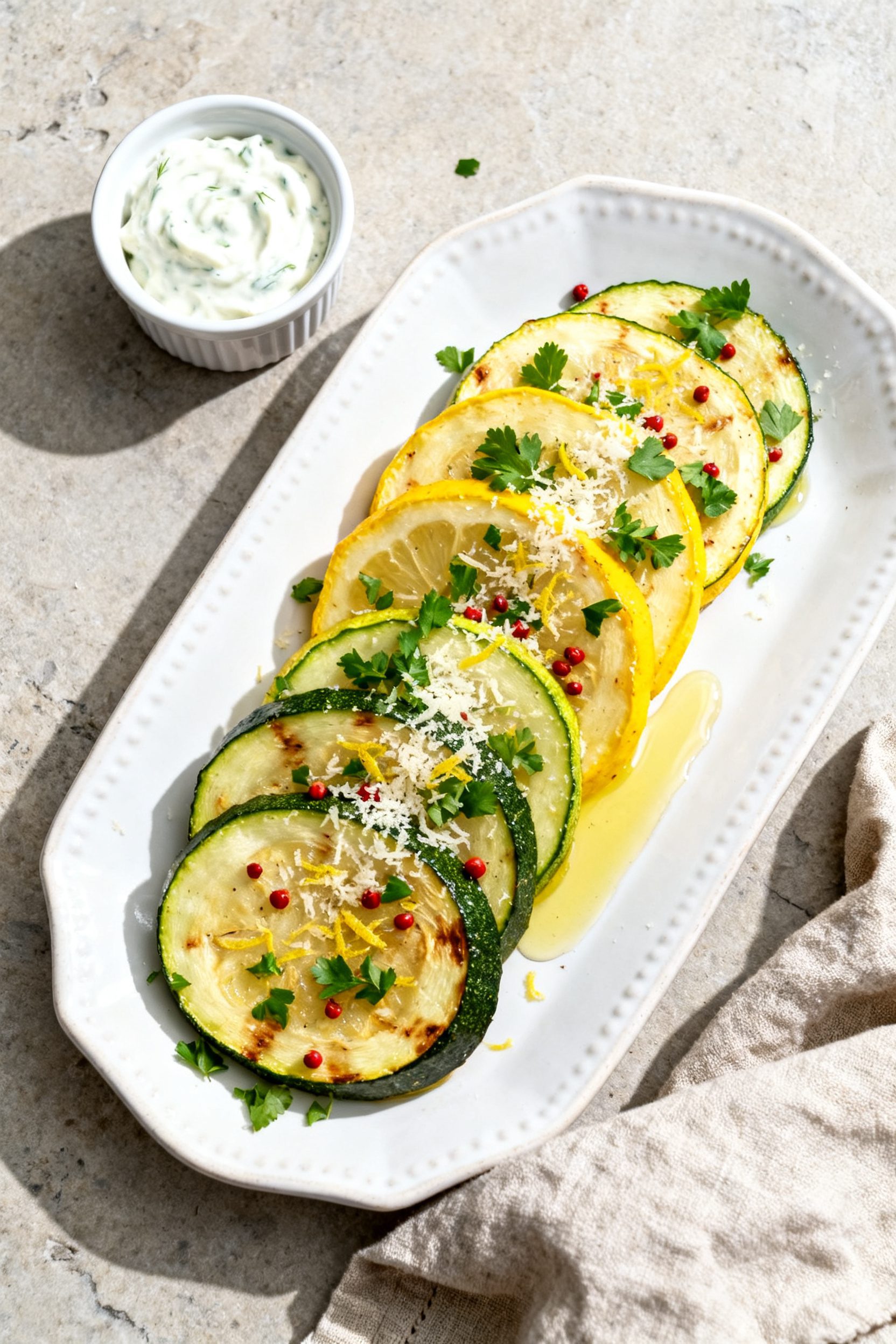 Tasty top view: Overhead shot of the finished air fryer zucchini and yellow squash arranged in a sin