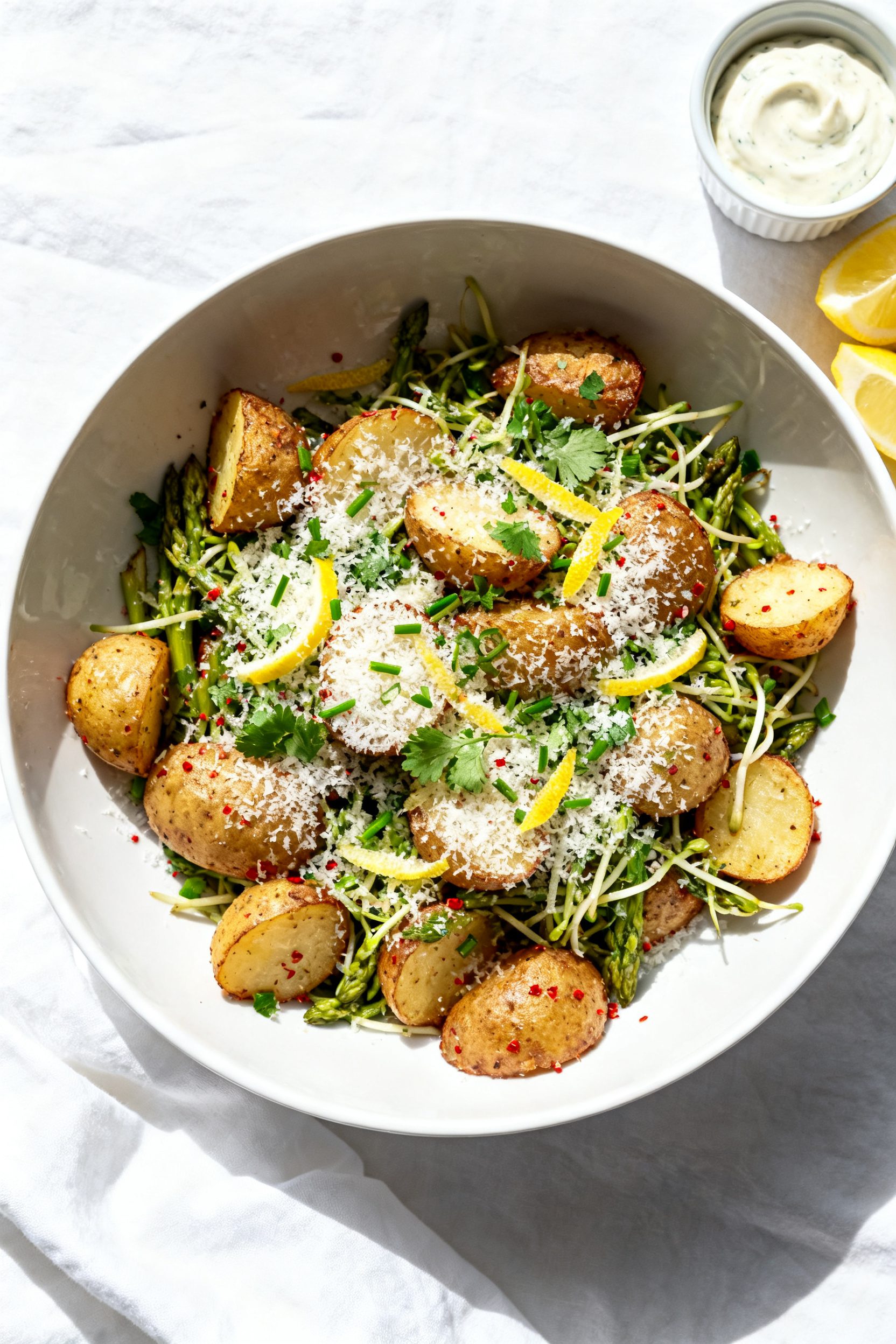 Tasty top view: Overhead shot of the finished Lemon-Parmesan variation served family-style in a wide