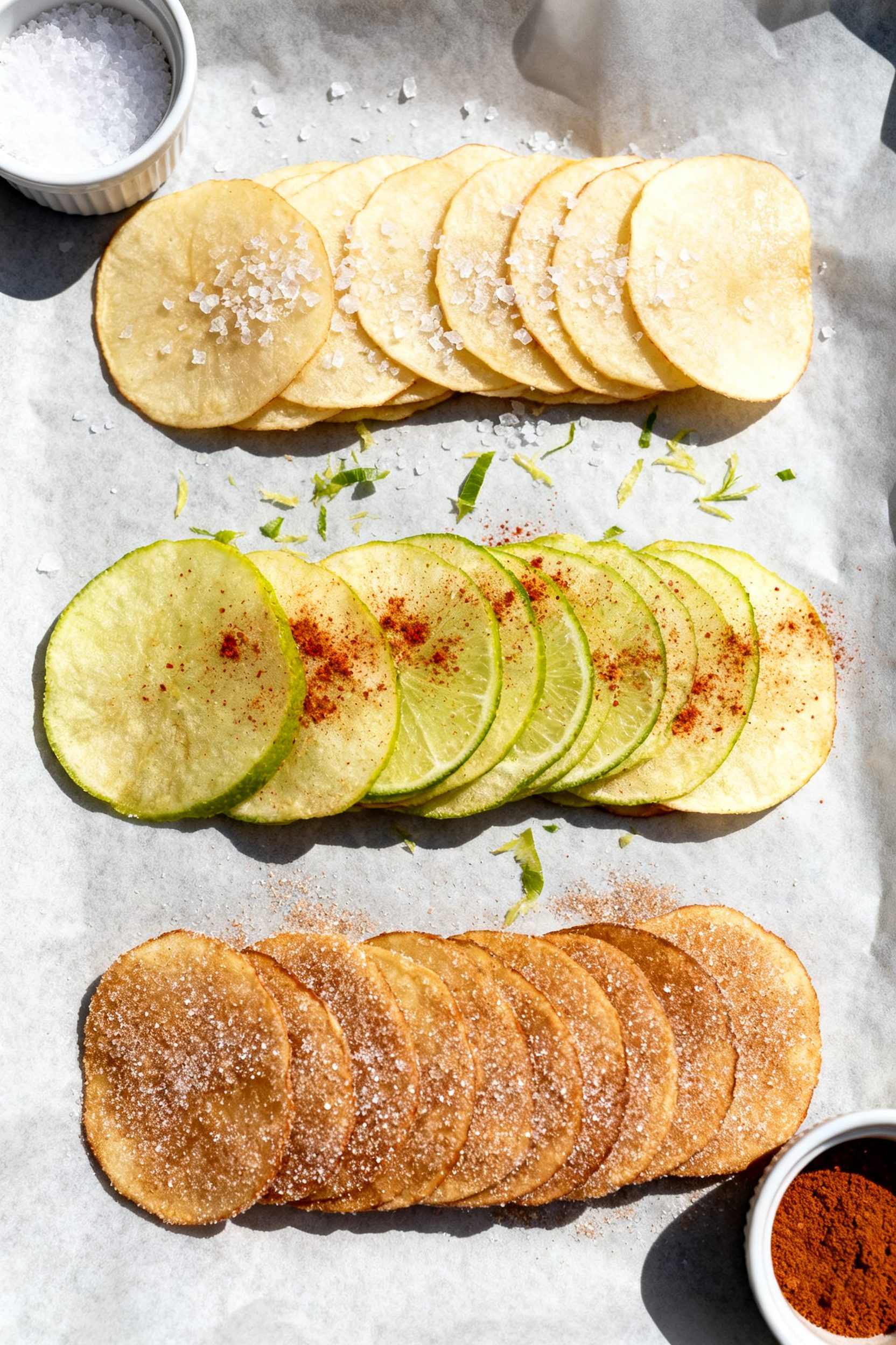 Tasty top view: Overhead shot of three flavor variations arranged in neat piles on a parchment-lined