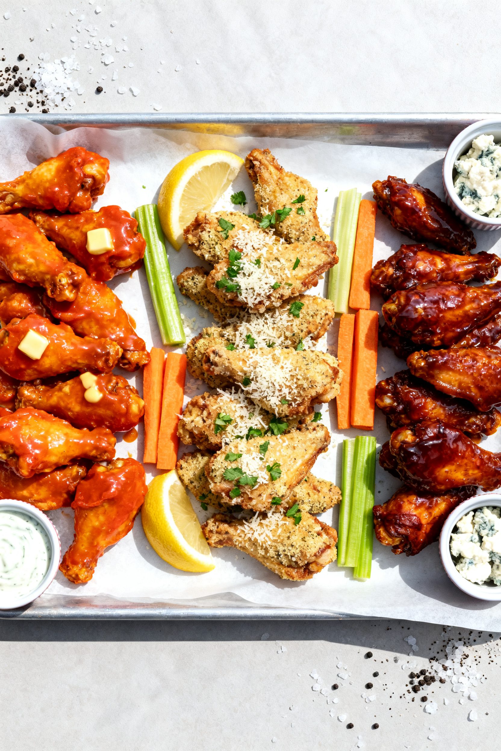 Tasty top view: Overhead shot of three sauce variations arranged on a parchment-lined tray—left: B