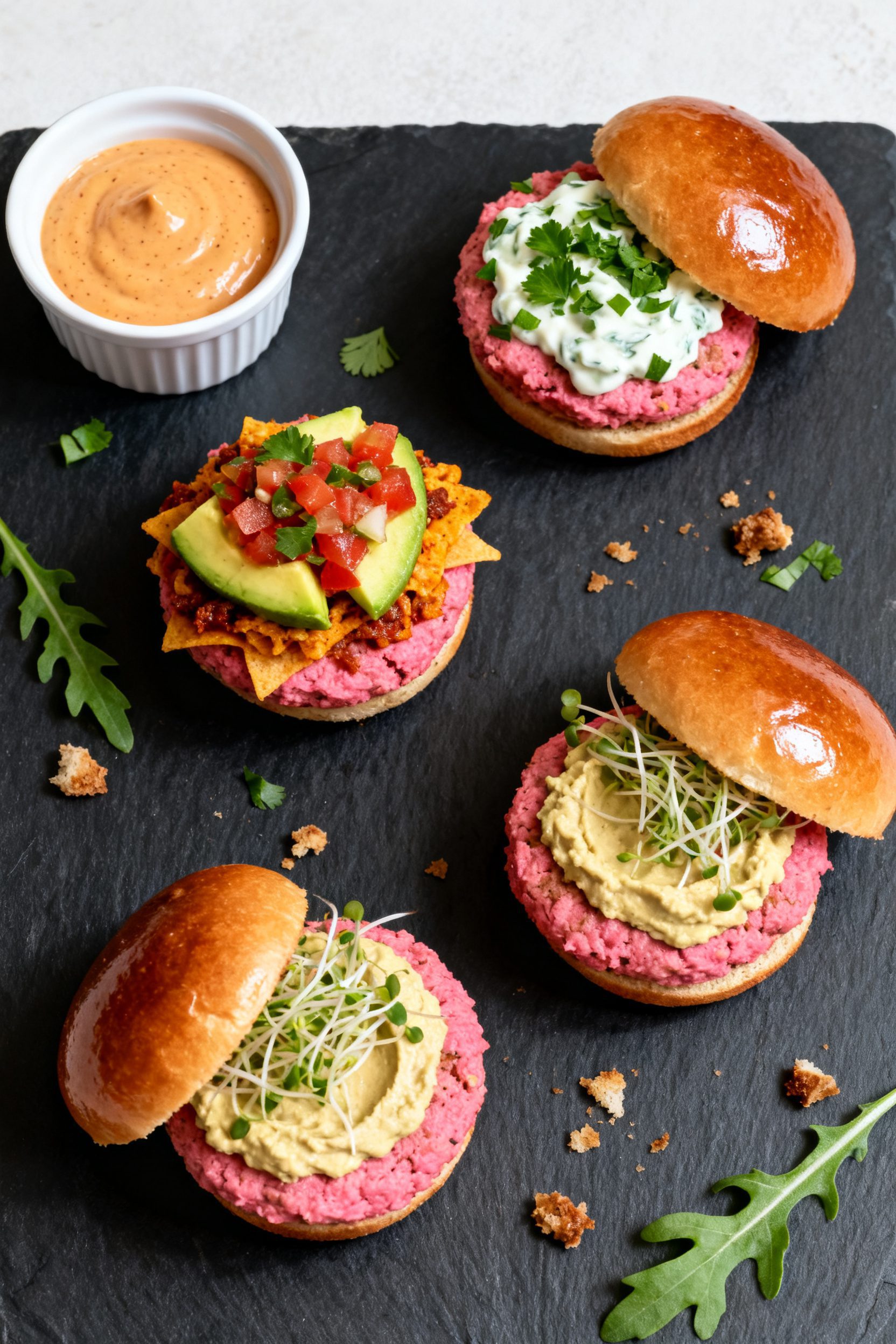 Tasty top view: Overhead shot of three smaller slider-sized pink veggie burgers on a dark slate boar