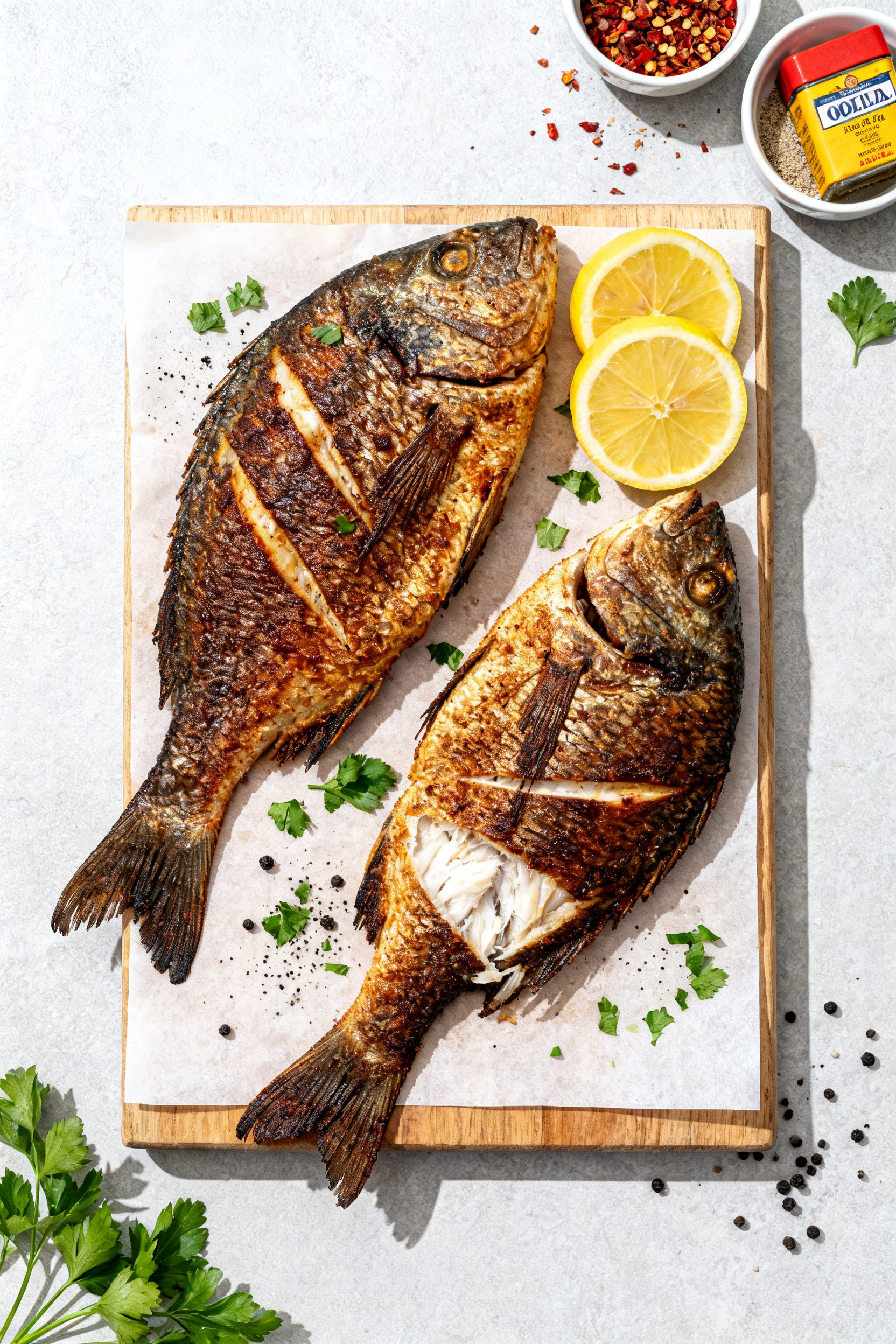 Tasty top view: Overhead shot of two air-fried whole snappers on a parchment-lined board, deeply bro