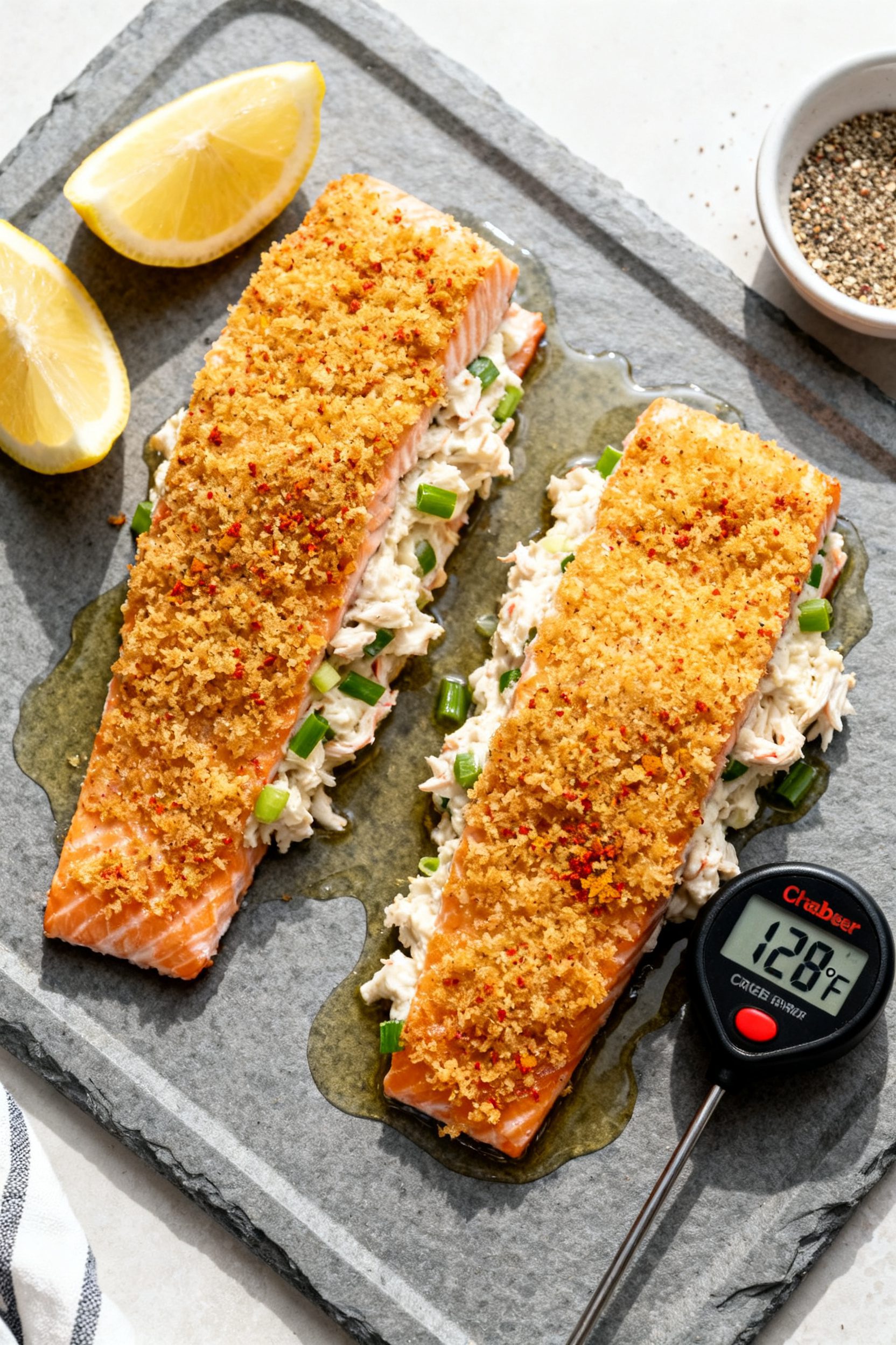 Tasty top view: Overhead shot of two crab stuffed salmon fillets on a slate-gray sheet pan after air