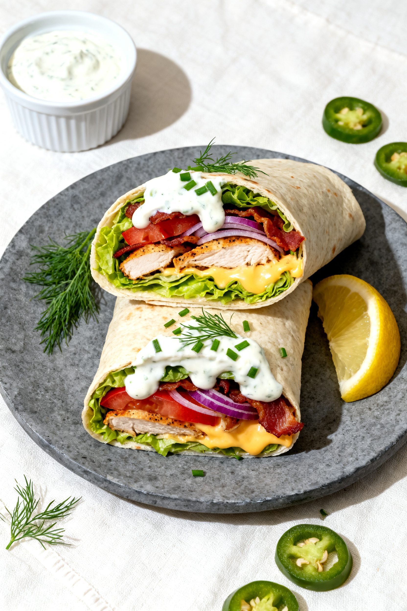 Tasty top view: Overhead shot of two halved Air Fryer Chicken Bacon Ranch Wraps arranged on a slate-