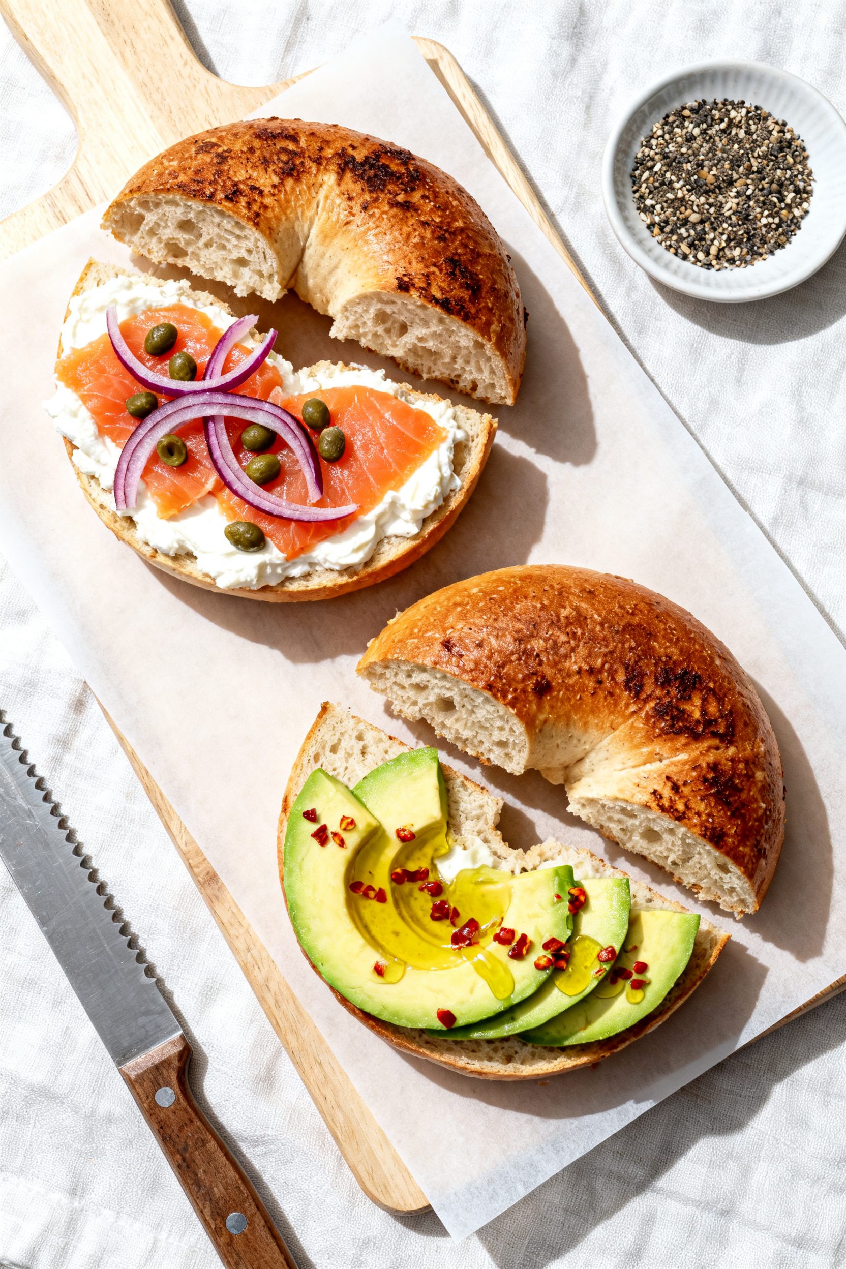Tasty top view: Overhead shot of two jumbo air fryer bagels sliced and lightly toasted, one topped w