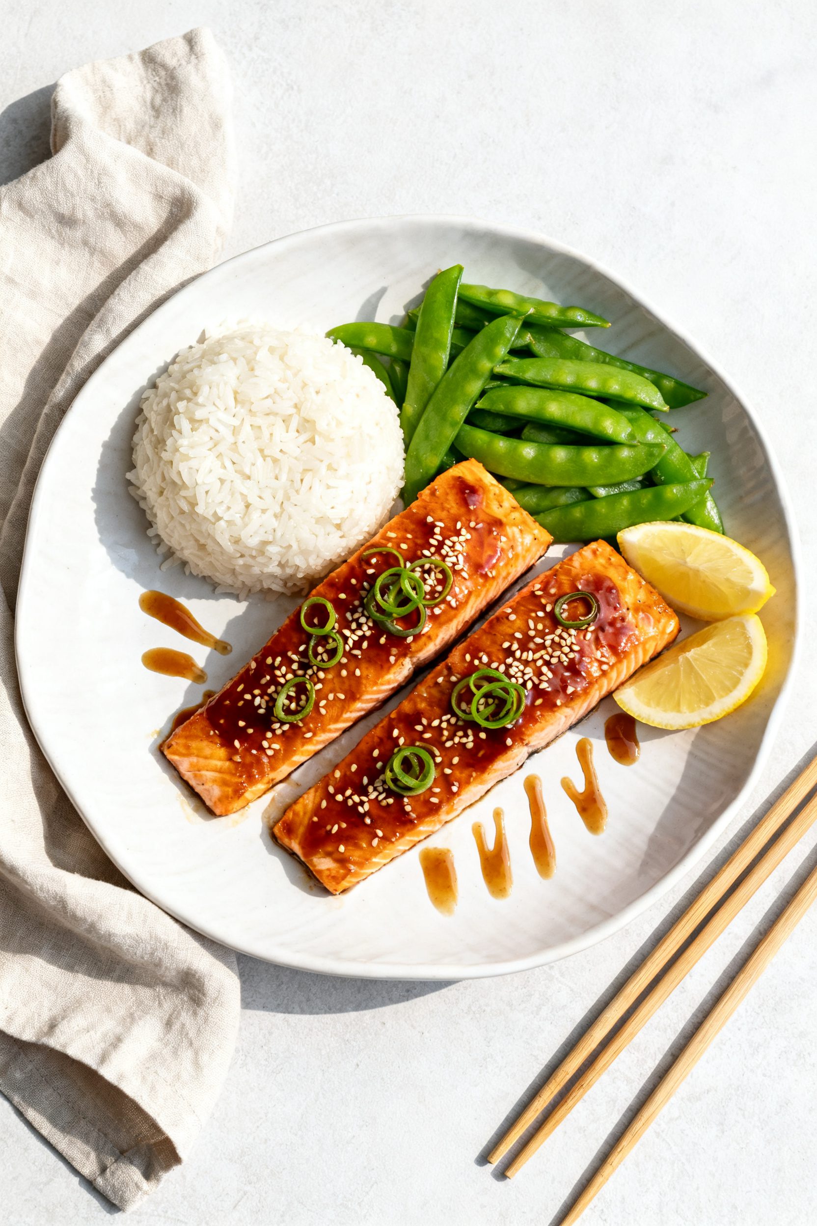 Tasty top view: Overhead shot of two salmon fillets plated on a wide white ceramic plate with a moun