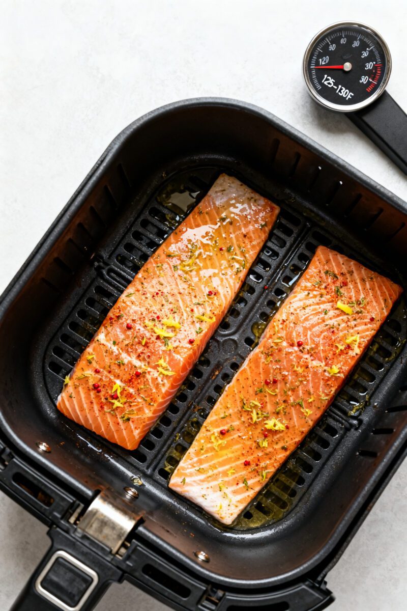 Tasty top view: Overhead shot of two salmon fillets arranged in a single layer in the preheated air