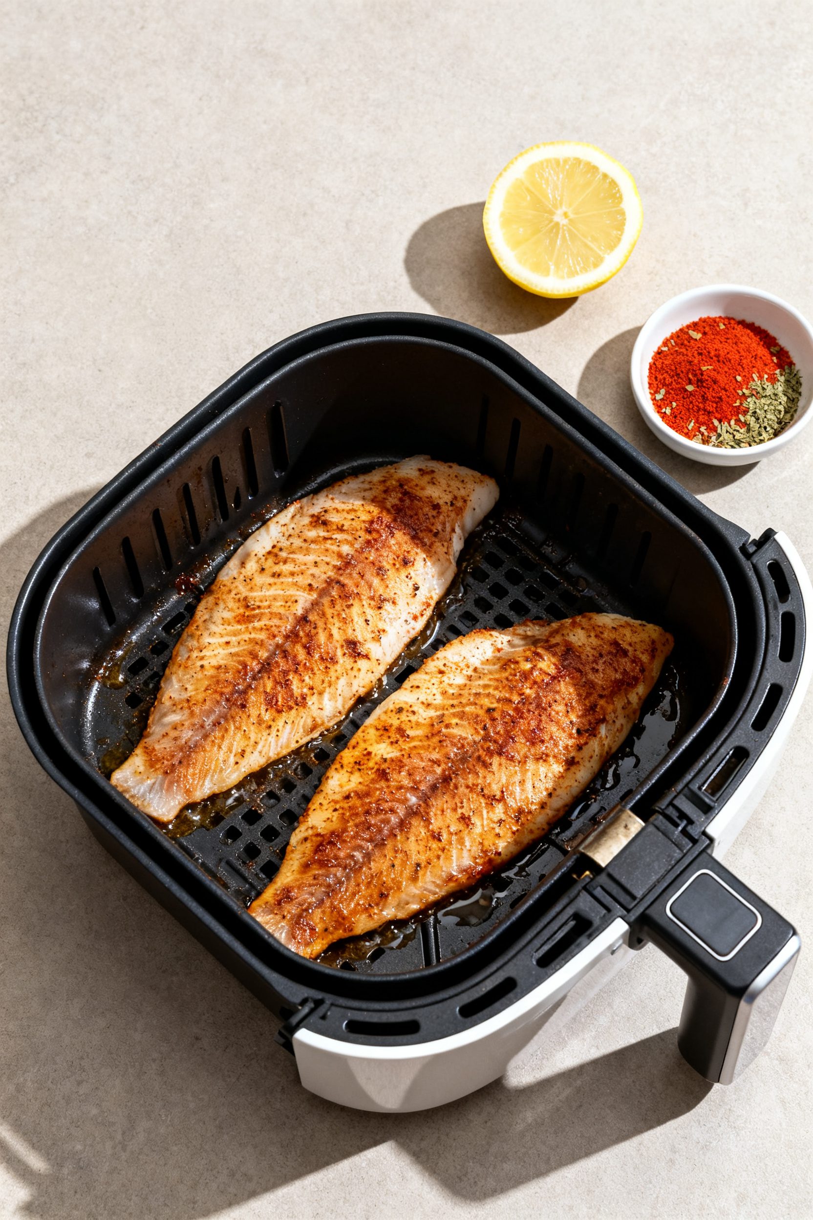 Tasty top view: Overhead shot of two seasoned tilapia fillets arranged in a single layer in an open 