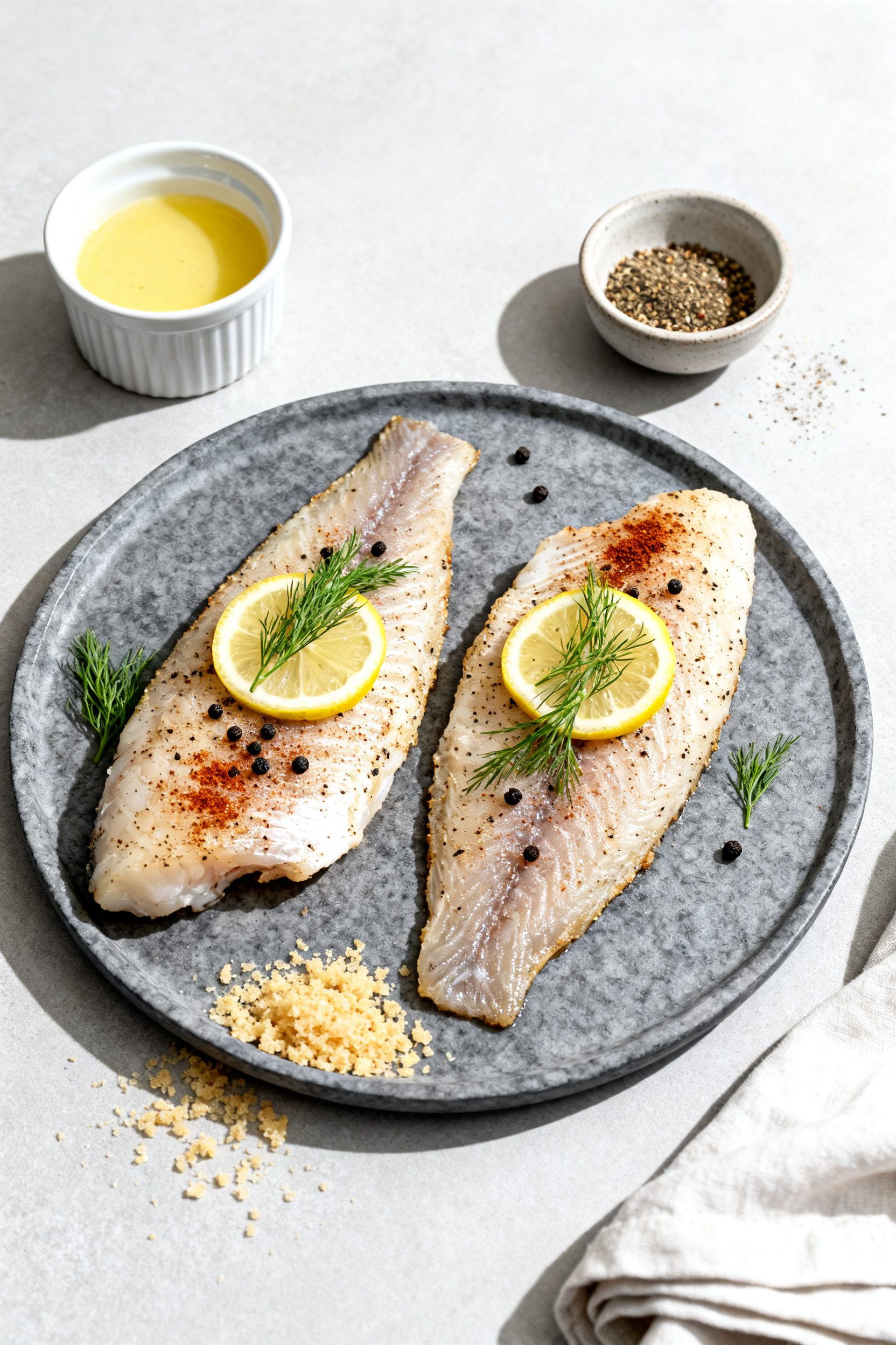 Tasty top view: Overhead shot of two seasoned tilapia fillets arranged side-by-side on a slate-grey
