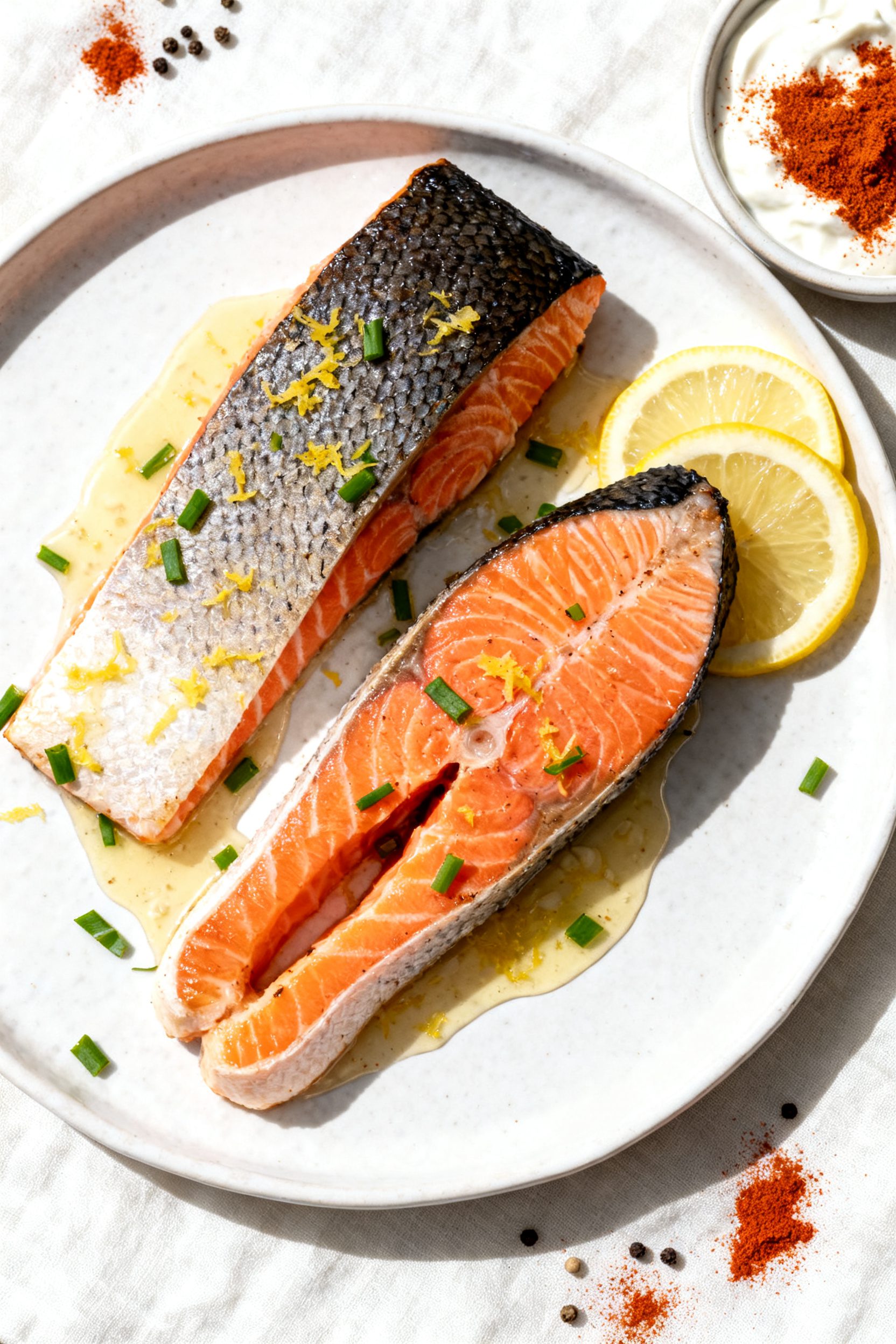 Tasty top view: Overhead shot of two skin-on salmon fillets cooked to medium, arranged slightly offs