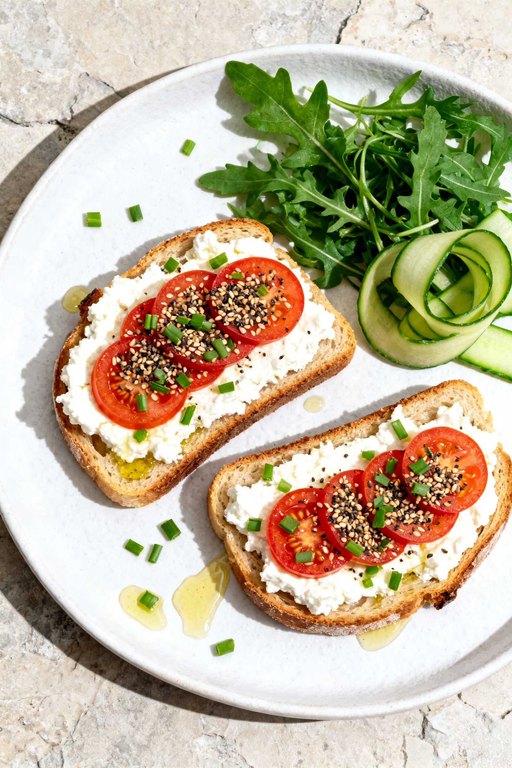 Tasty top view: Overhead shot of two slices of savory cottage cheese toast on a white ceramic plate,